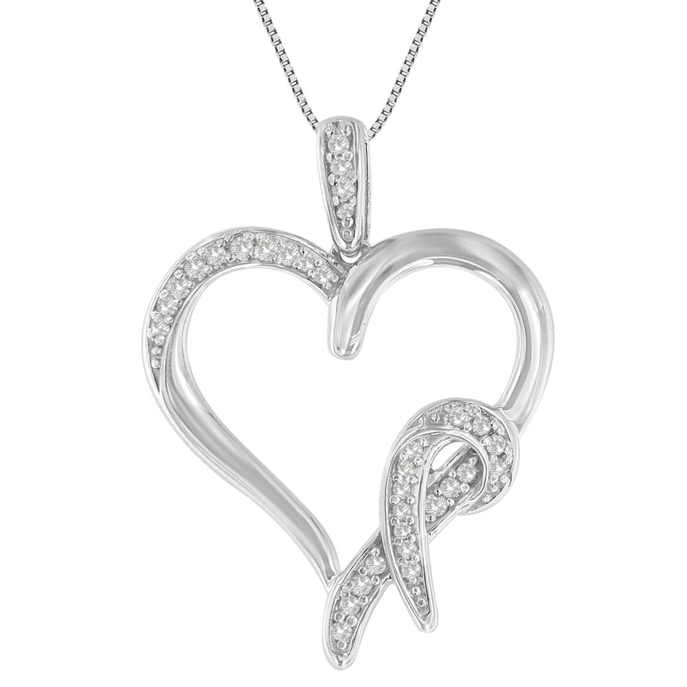 Sterling Silver 0.15 CTTW Round Cut Diamond Ribbon and Heart Accent Pendant Necklace (H-I, SI2-I1)