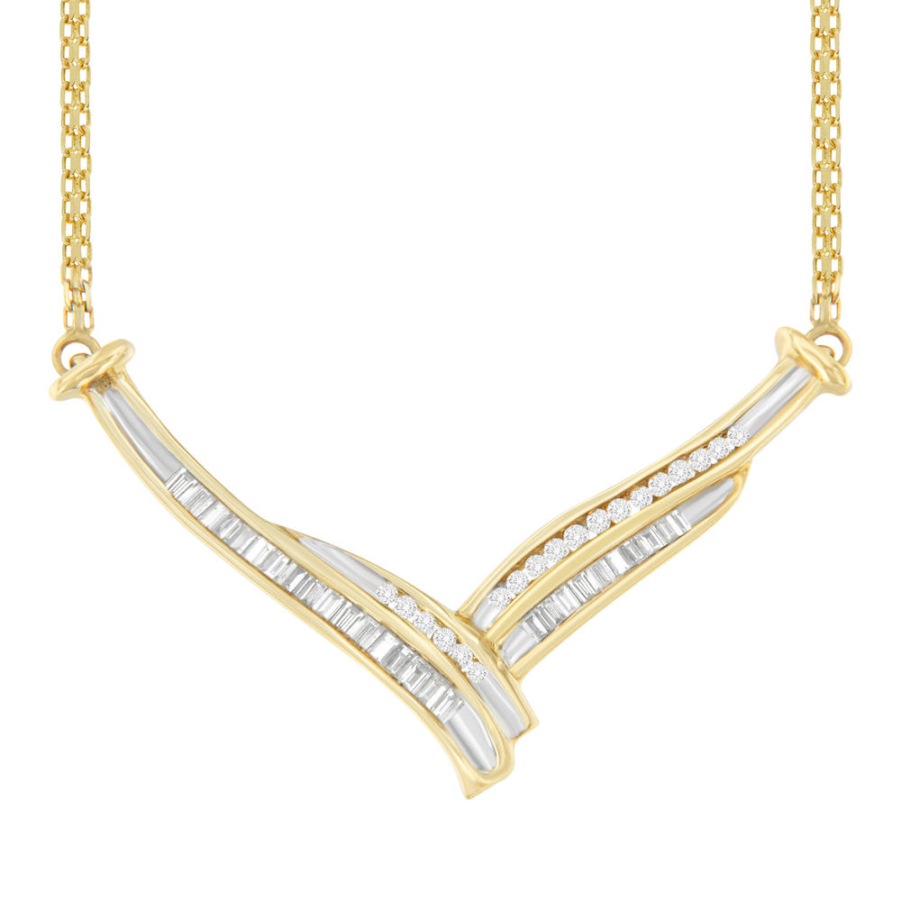 10K Yellow Gold 0.5 ct. TDW Round and Baguette Cut Diamond Pendant Necklace (J-K, I1-I2)