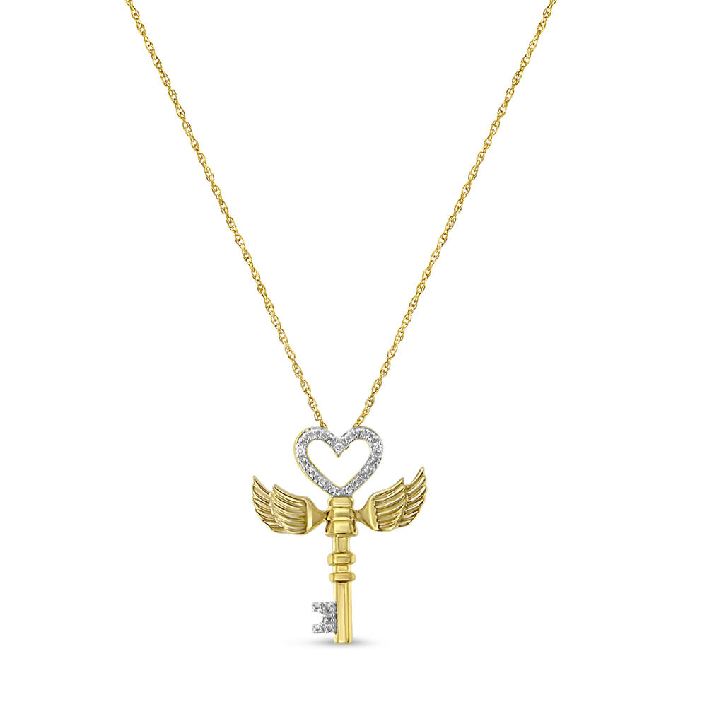 Yellow Plated Sterling Silver 0.03ct TDW Round Diamond Winged Heart-key Pendant Necklace (H-I,I2)