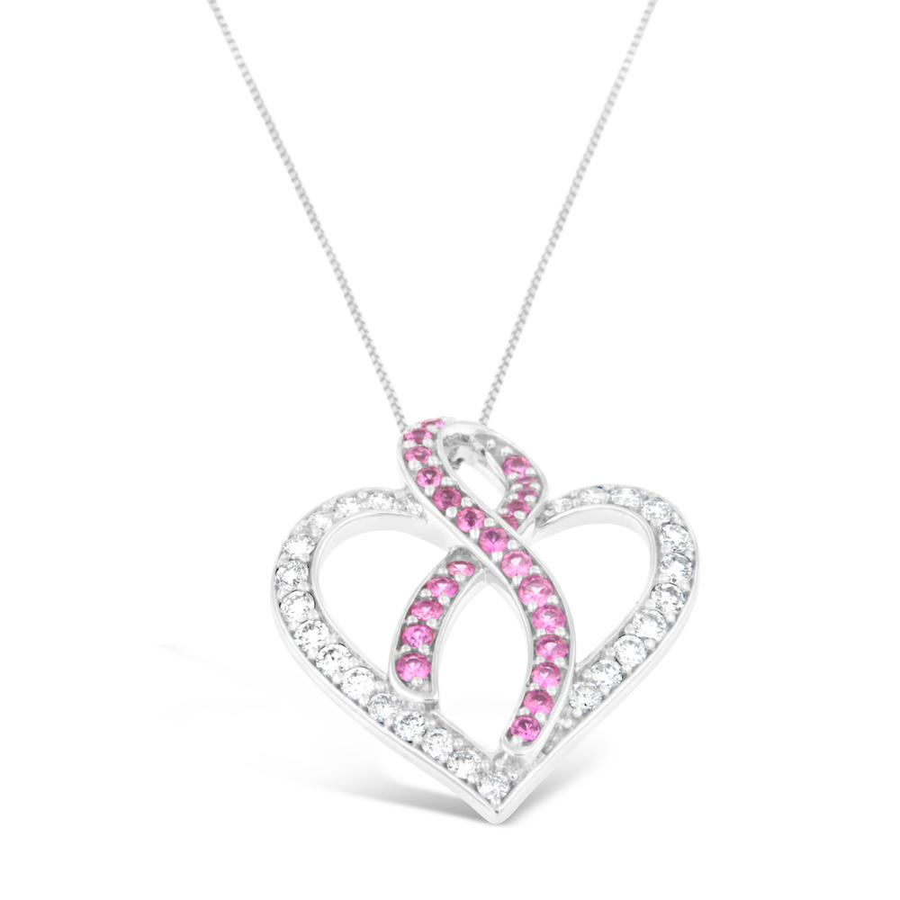 14K White Gold 1ct. TDW Round-cut Dimaond And Pink Sapphire Gemstone Pendant Necklace (G-H,SI2-I1)