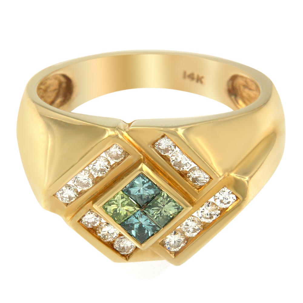 14K Yellow Gold 1.32ct. TDW White and Treated Blue Princess-cut Diamond Men's Ring (H-I,SI2-I1)