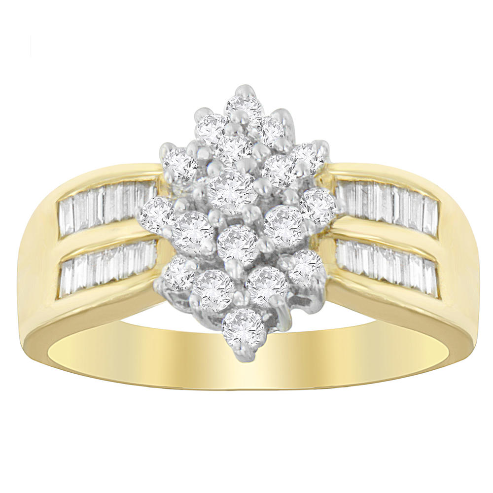 10K Yellow Gold 1ct TDW Round and Baguette-cut Floral Cluster Diamond Ring (H-I,SI1-SI2)