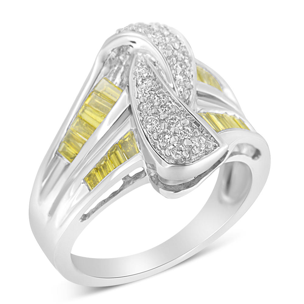 14k White Gold 1ct TDW White Round and Treated Yellow Baguette Diamond Ring(SI1-SI2, H-I)