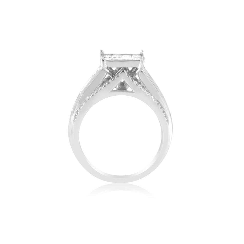 14k White Gold 1.5ct TDW Round and Princess Cut Diamond Square Ring(H-I,SI1-SI2)