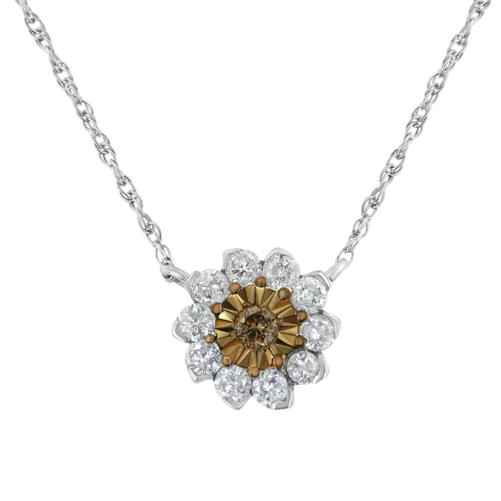Two-Tone Sterling Silver 1/2ct TDW Diamond Flower Pendant Necklace (Champane, I1-I2)