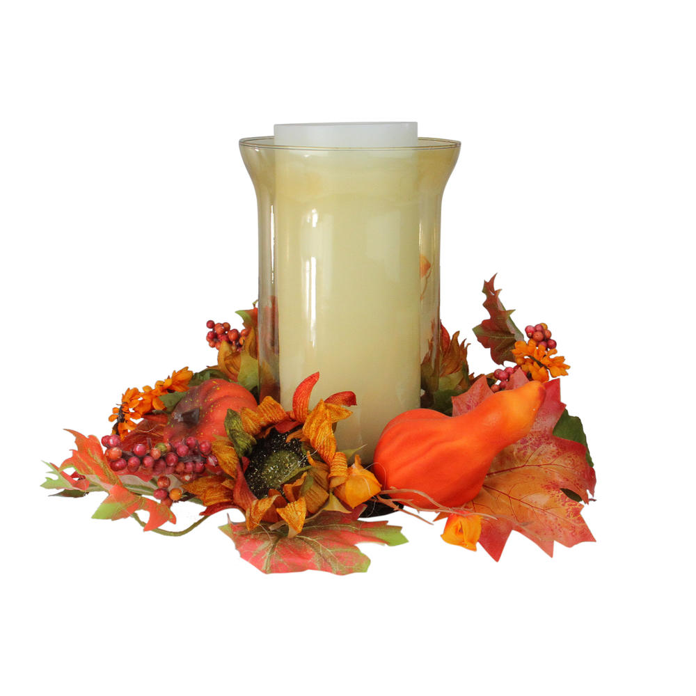 Northlight 10" Autumn Harvest Sunflower and Pumpkin Thanksgiving Hurricane Pillar Candle Holder