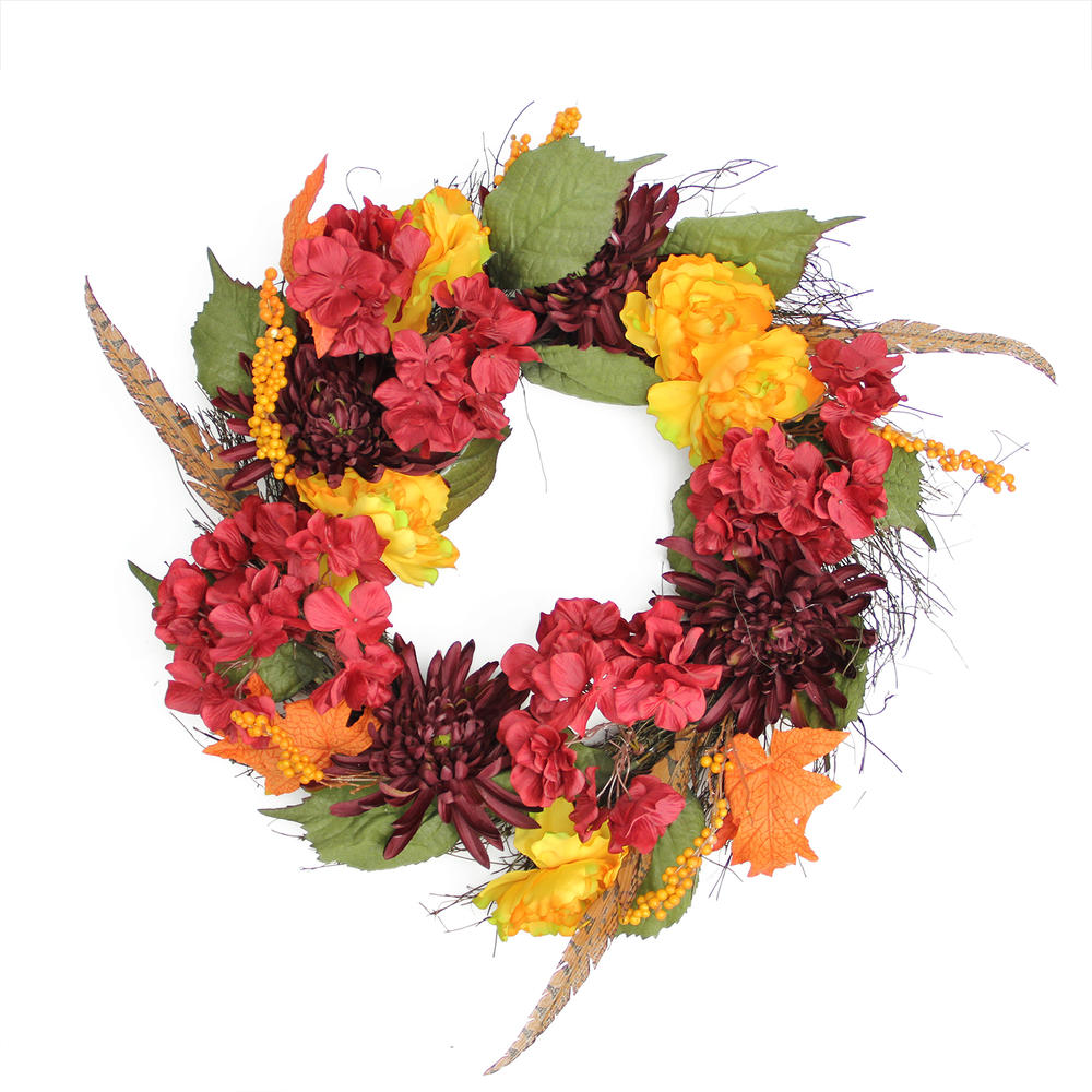Northlight 24" Autumn Harvest Peony  Mum & Feather Artificial Thanksgiving Floral Wreath - Unlit