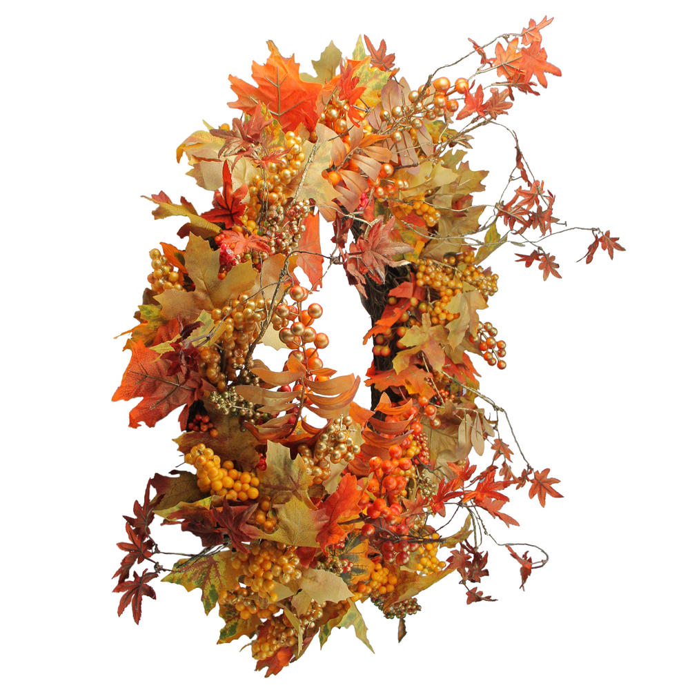 Northlight Autumn Harvest Artificial Red and Orange Leaves with Berries Wreath - 32-Inches  Unlit