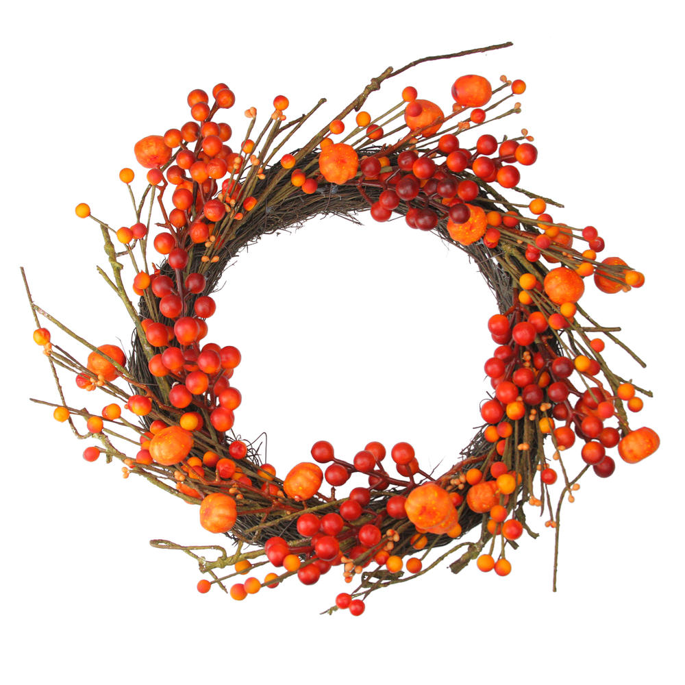 Northlight Red and Orange Fall Berry and Mini Pumpkin Artificial Thanksgiving Wreath - 20-Inch