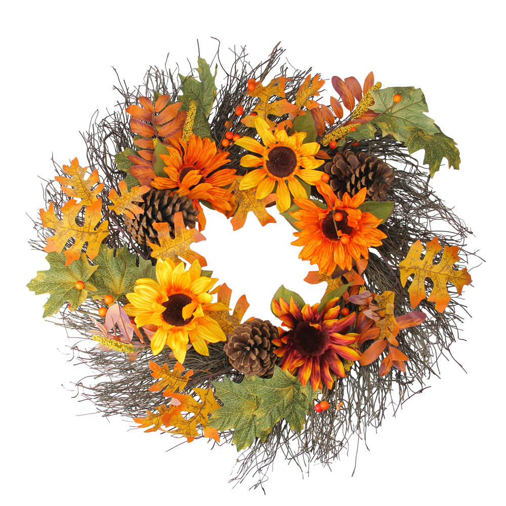 Northlight Sunflowers and Pine Cones Fall Artificial Thanksgiving Wreath - 24-Inch  Unlit