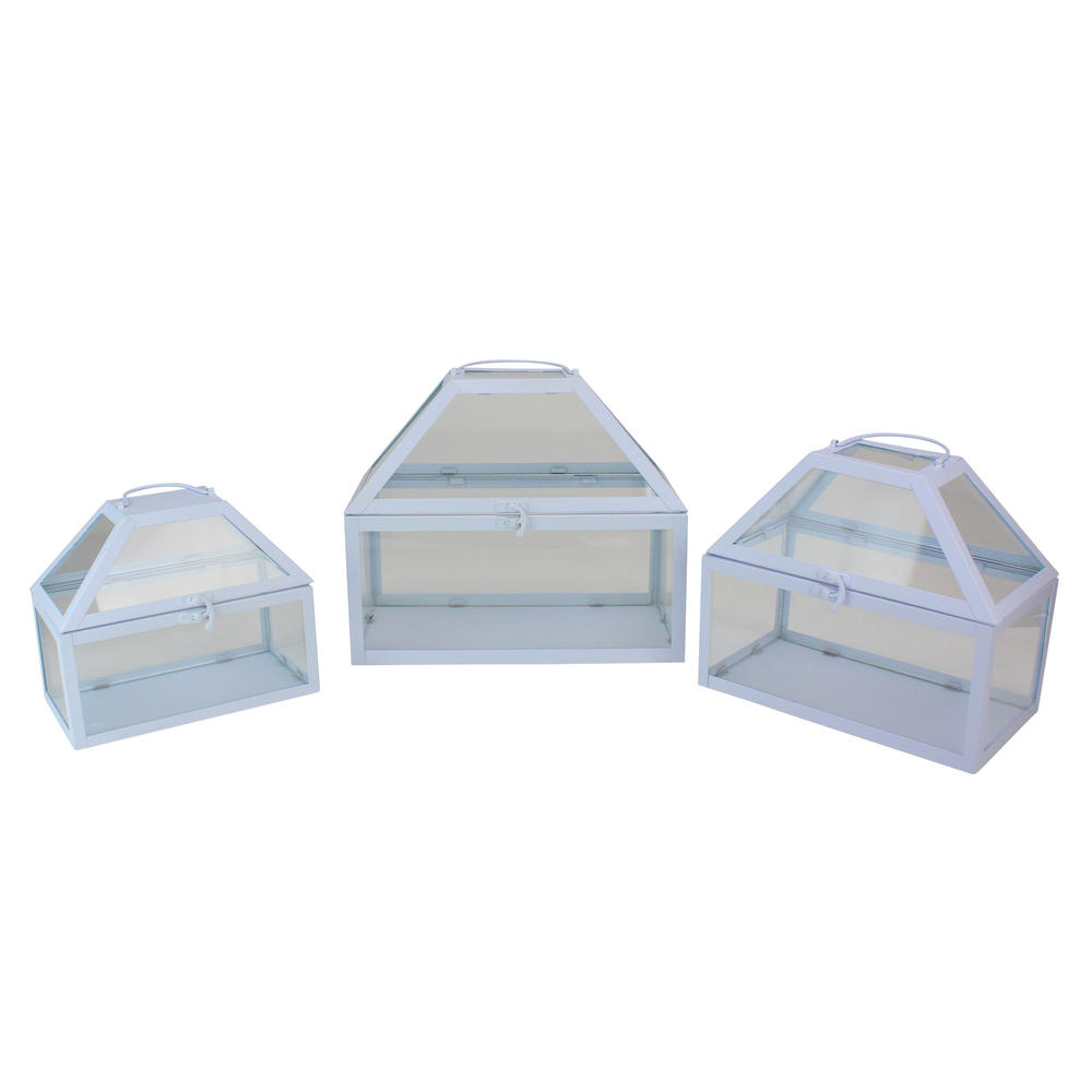 Northlight Set of 3 Light Powder Blue Metal and Glass Paneled Nesting Outdoor Terrariums 12"
