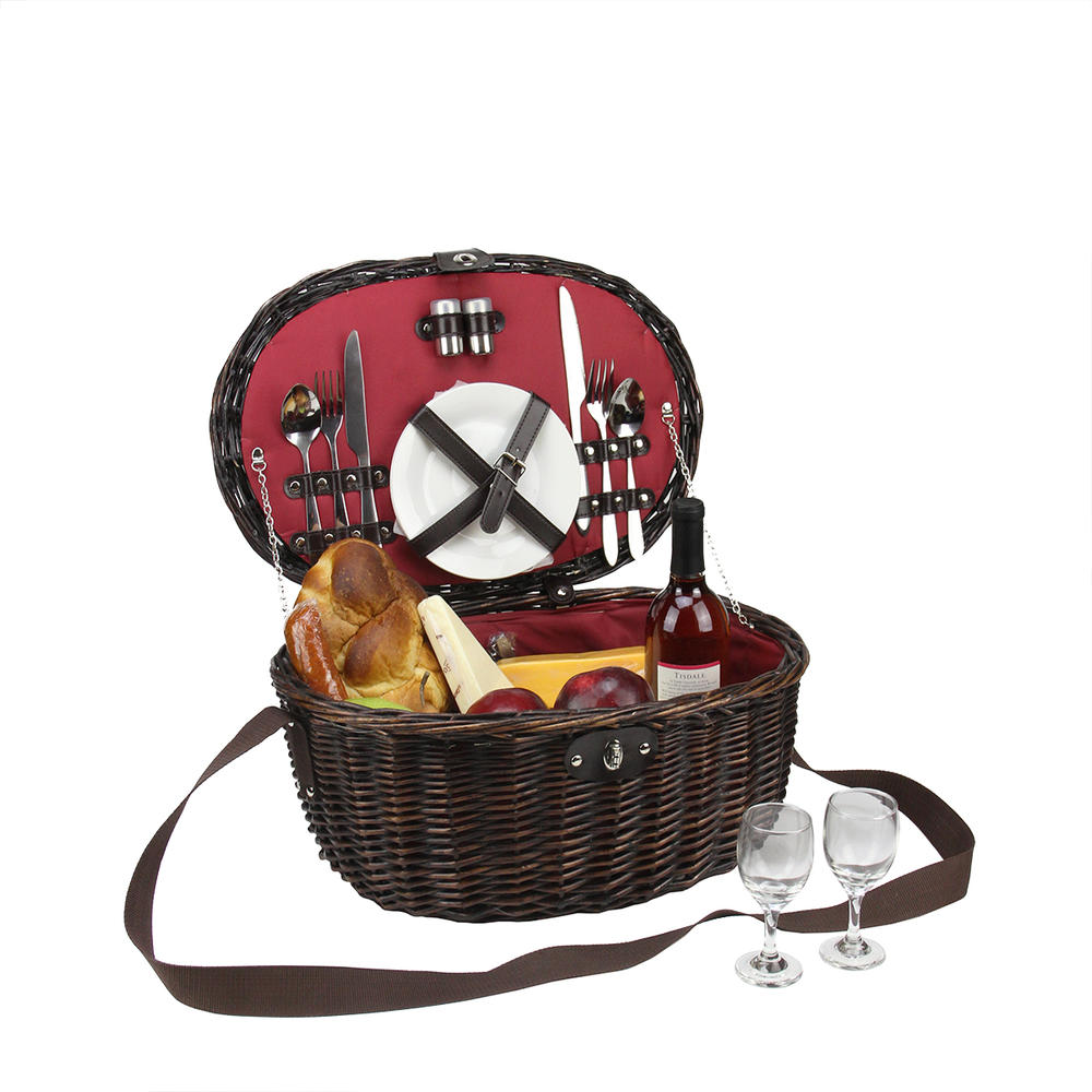 Northlight 8.5" x 18" Brown and Red Hand Woven Sateen Willow 2-Person Picnic Basket Set with Accessories