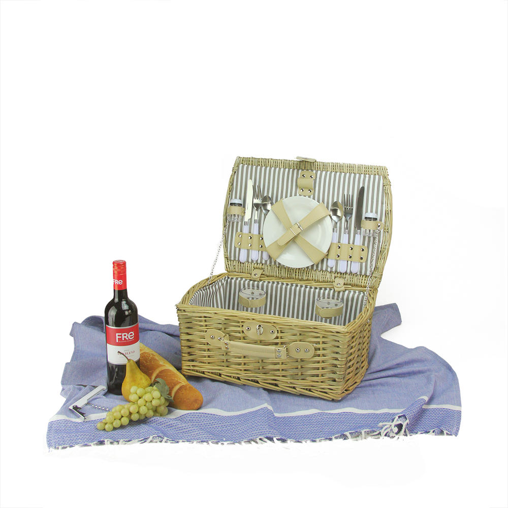 Northlight Warm Gray Hand Woven Natural Willow 2-Person Picnic Basket Set with Accessories 7.5" x 17.5"