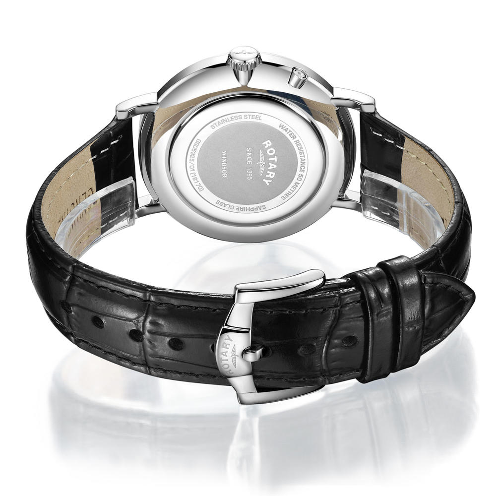 Men's Windsor Silver Tone Black Strap Moonphase Watch