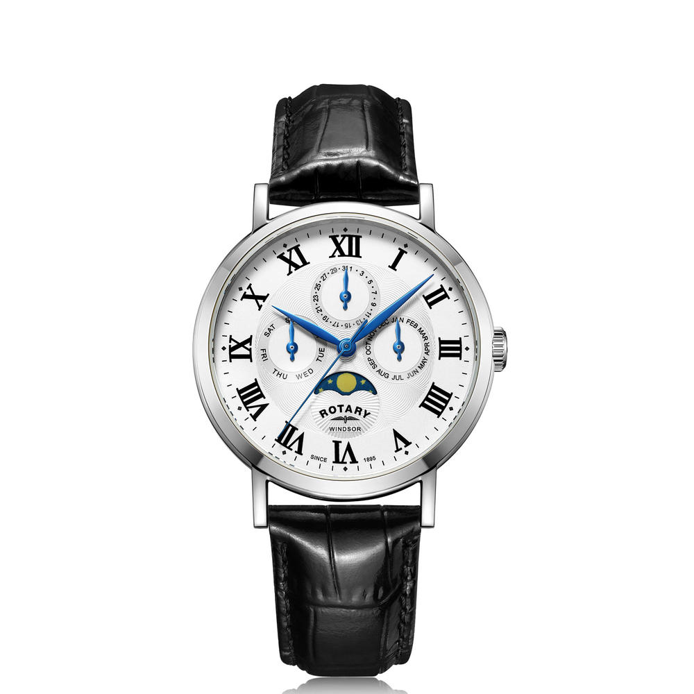Men's Windsor Silver Tone Black Strap Moonphase Watch
