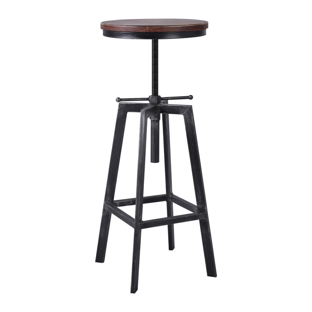 Today's Mentality Thomas Industrial Backless Adjustable Metal Barstool in Silver Brushed Gray with Rustic Pine Wood Seat