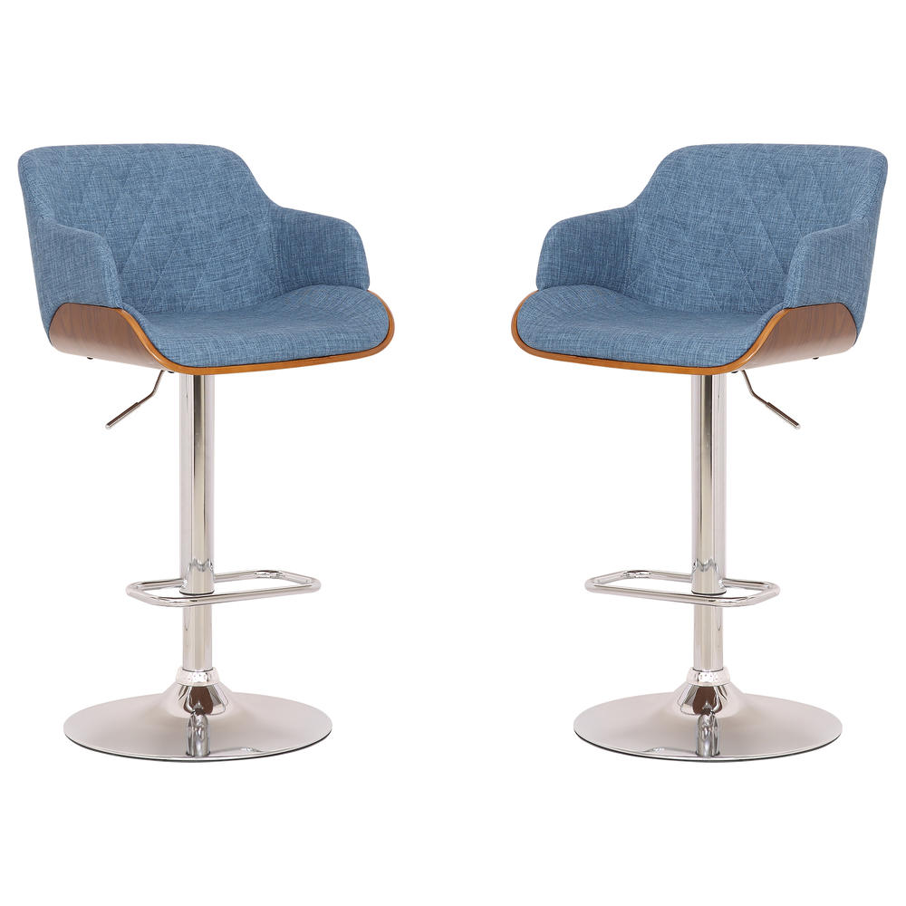 Today's Mentality Bowen Mid-Century Adjustable Barstool in Chrome with Blue Fabric and Walnut - Set of 2