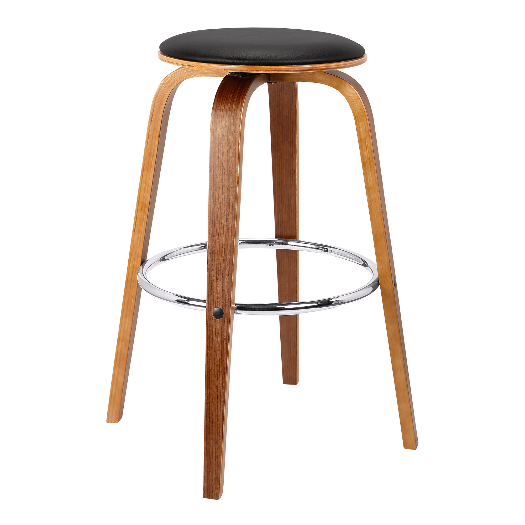 Today's Mentality Brussel Mid-Century Backless Swivel Wood Barstool in Walnut with Black Faux Leather