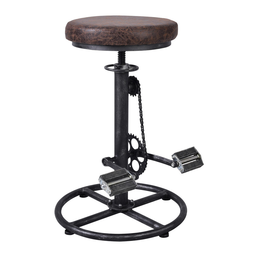 Today's Mentality Bicycle Industrial Adjustable Barstool in Silver Brushed Gray with Brown Fabric Seat