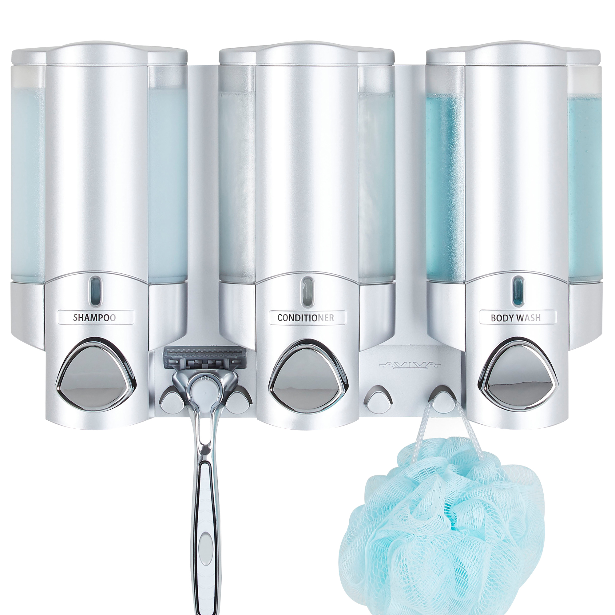 Better Living AVIVA Soap and Shower Dispenser 3 Chamber Satin Silver Better Living AVIVA Soap and Shower Dispenser 3 Chamber Satin Silver