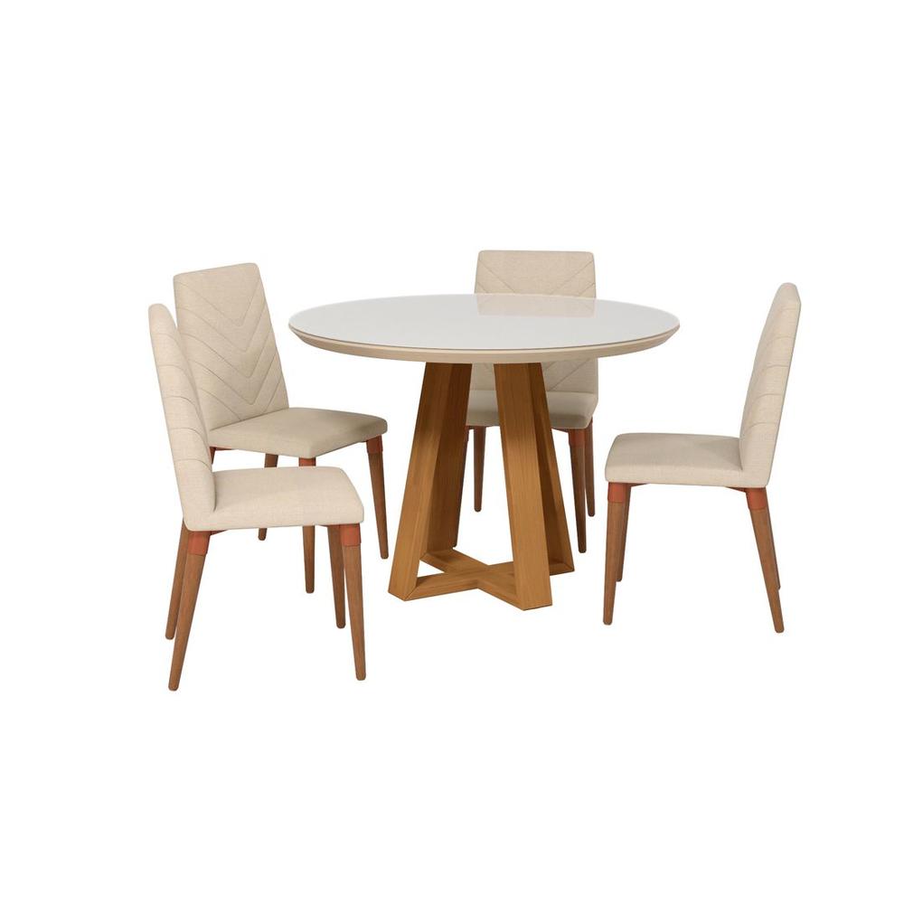 Manhattan Comfort Duffy 45.27 Modern Round Dining Table and Utopia Chevron Dining Chairs in Off White and Beige - Set of 5