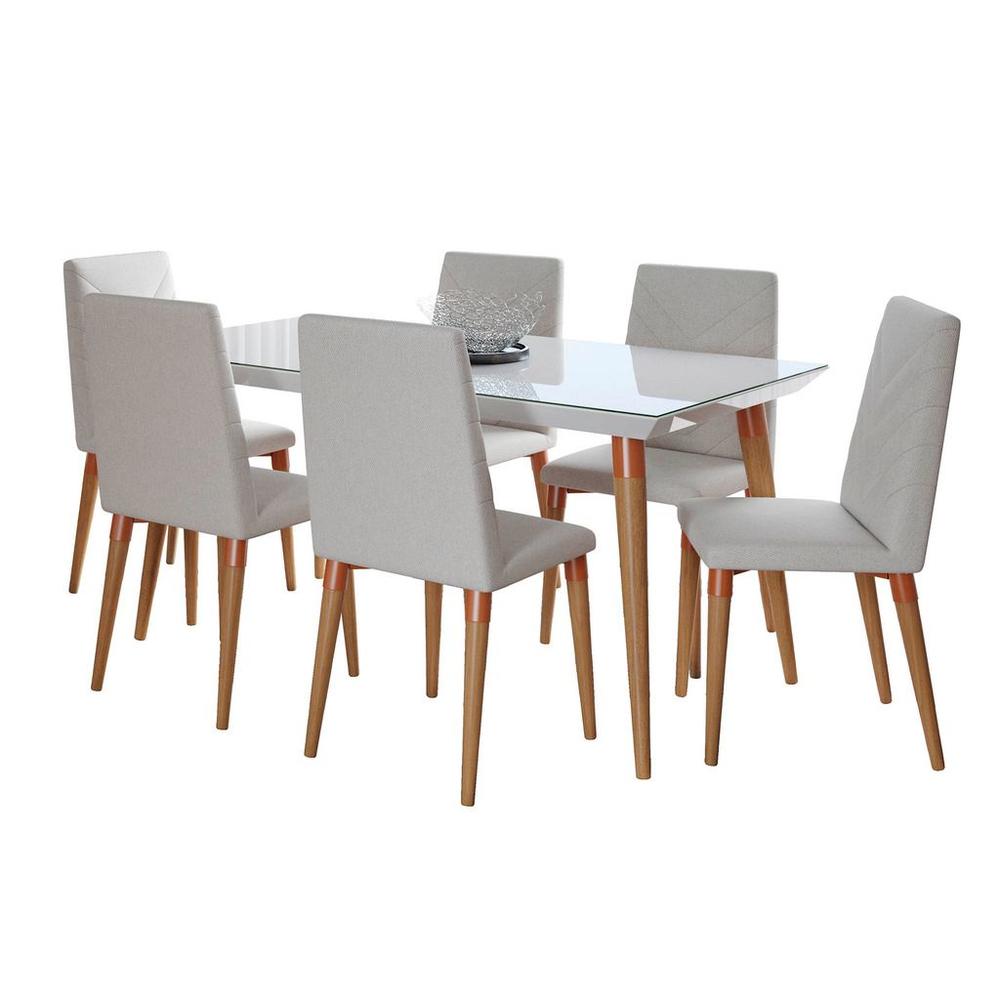 Manhattan Comfort 7-Piece Utopia 62.99" Dining Set with 6 Dining Chairs in White Gloss and Beige
