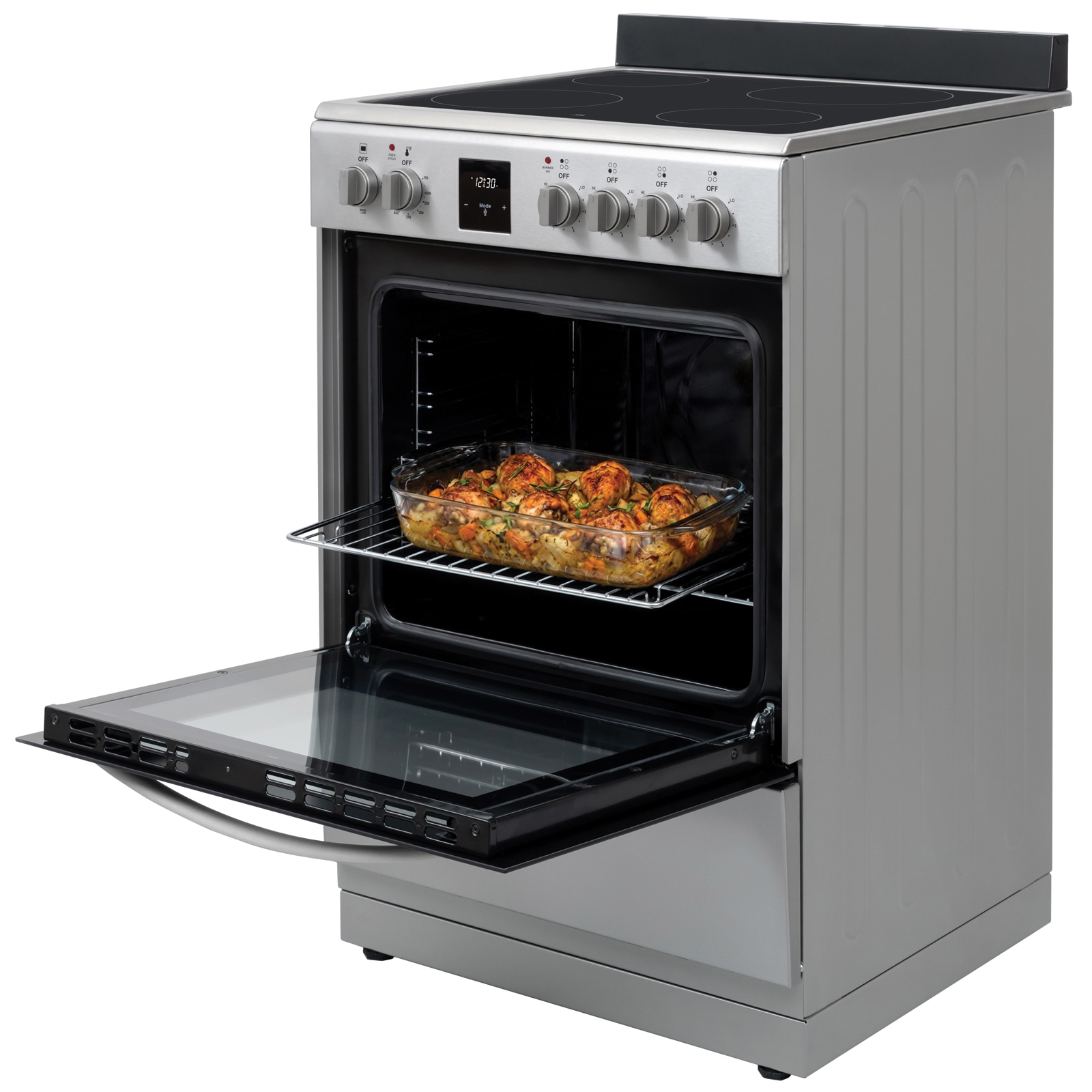 Thumbnail for 24" Wide Compact Front-Control Electric Range with 4 Burners & Storage Compartment  Stainless Steel