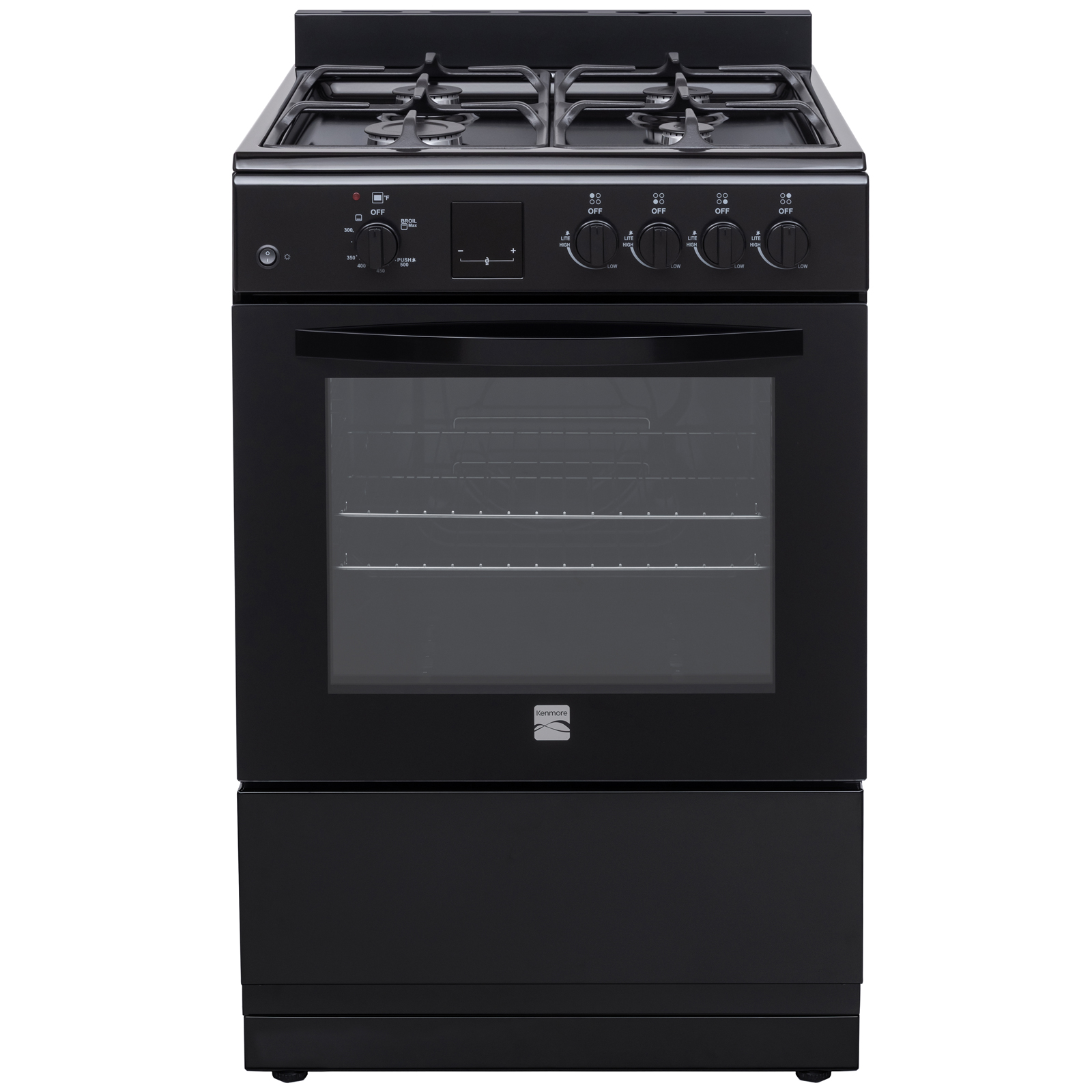 24" Wide Compact Front-Control Gas Range with 4 Burners & Storage Compartment  Black