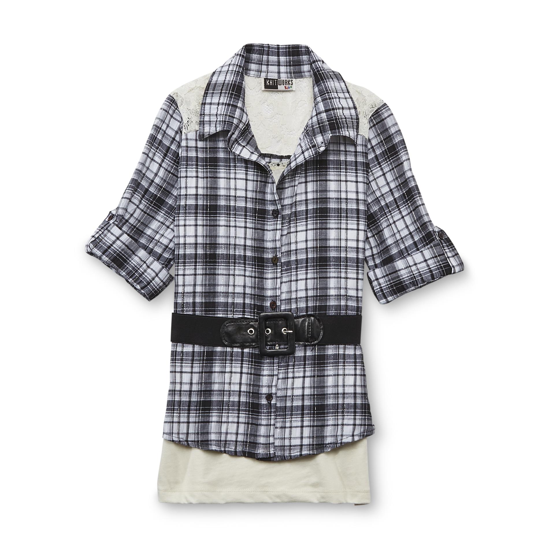 Knitworks Kids Girl's Layered-Look Top & Belt - Plaid