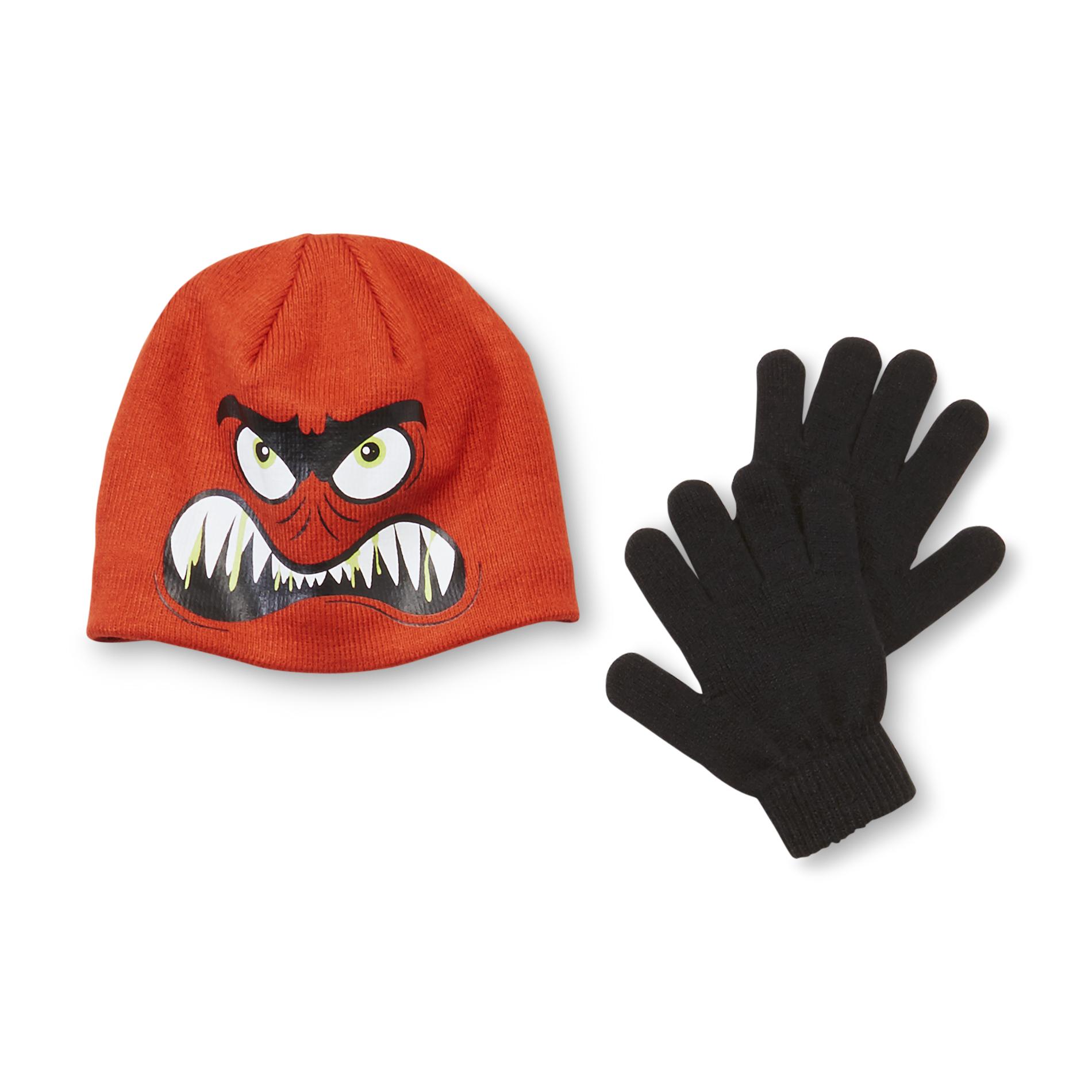 Athletech Boy's Knit Beanie Hat & Gloves - Monster