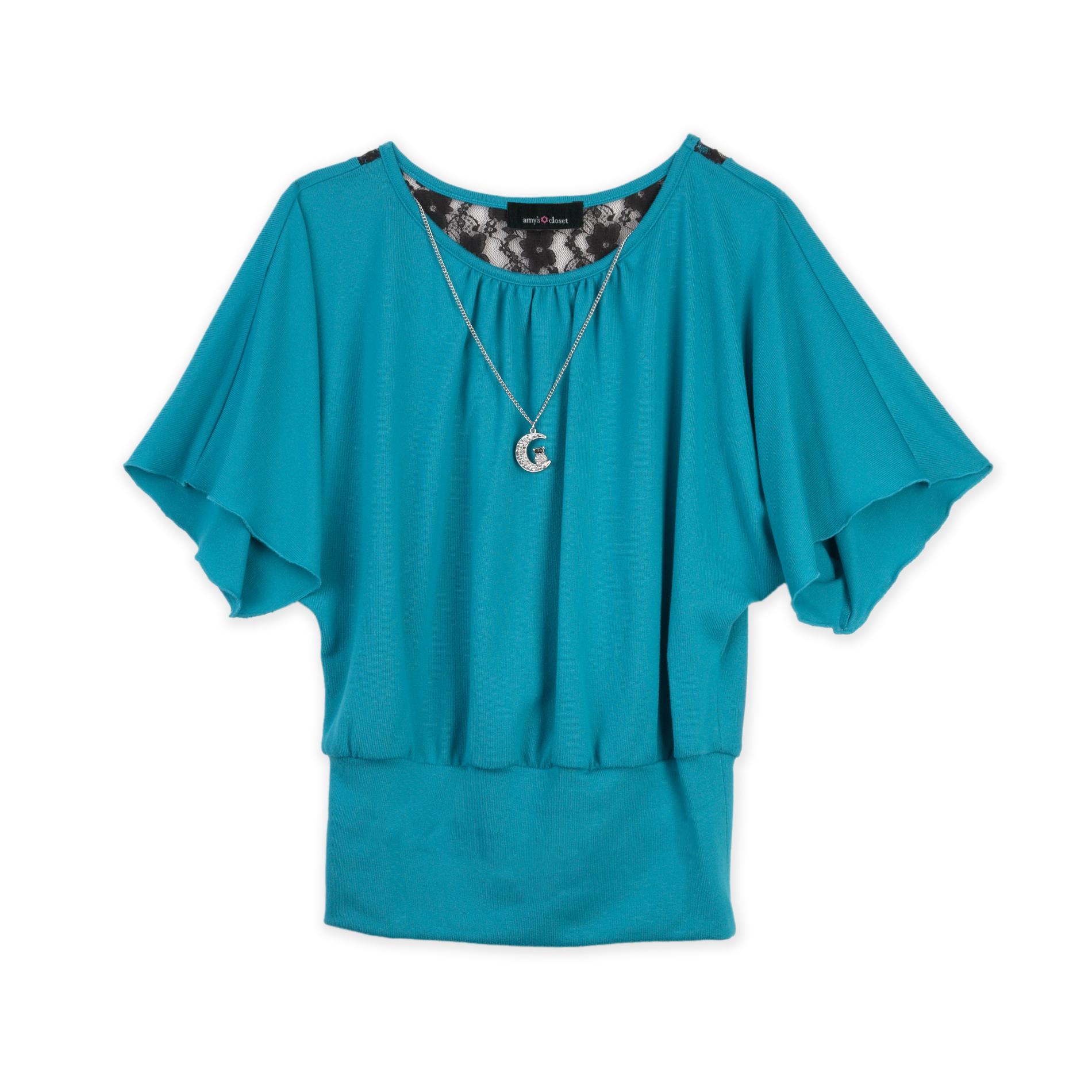 Amy's Closet Girl's Lace-Trimmed Top & Pendant