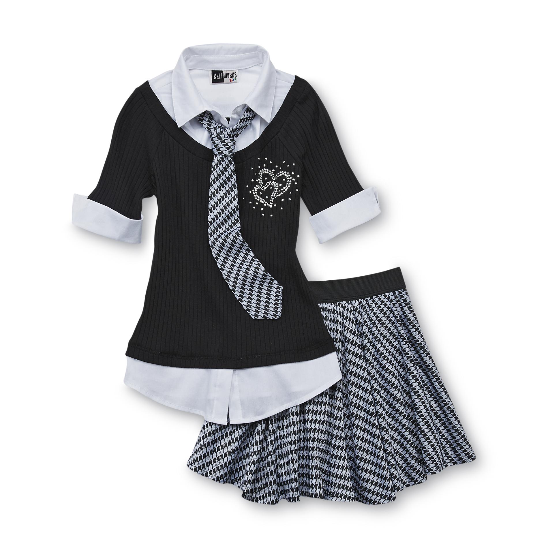 Knitworks Kids Girl's Layered-Look Top  Necktie & Skirt - Houndstooth Check