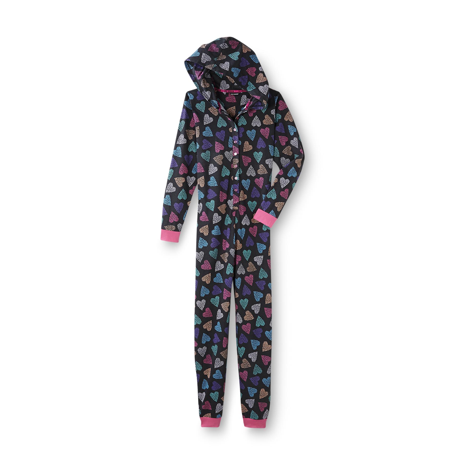 Joe Boxer Women's One-Piece Hooded Pajamas - Heart Print