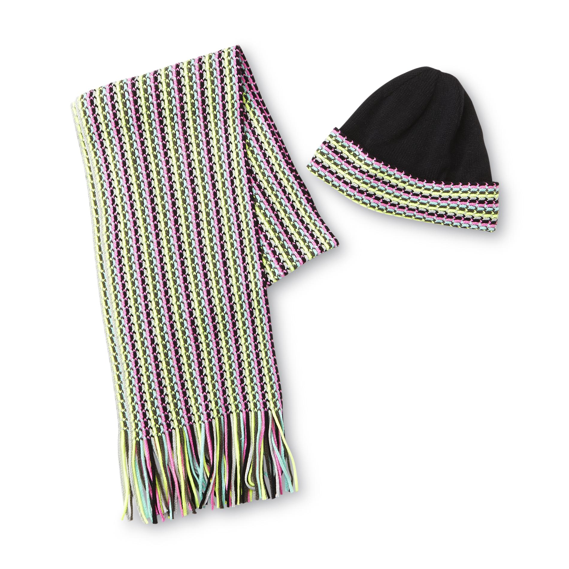 Joe Boxer Junior's Knit Scarf & Hat - Neon Striped