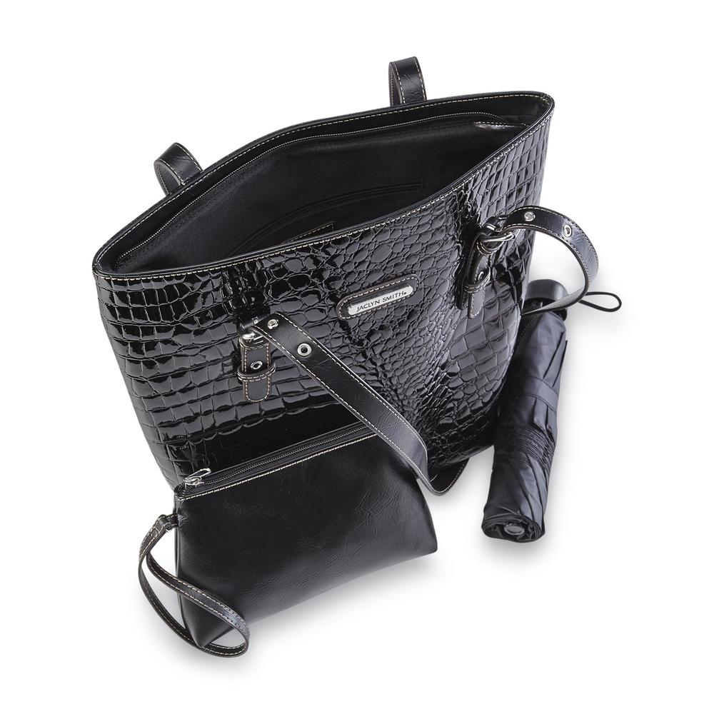 Jaclyn Smith Women's Super Tote Handbag  Wristlet & Umbrella - Mock Croc