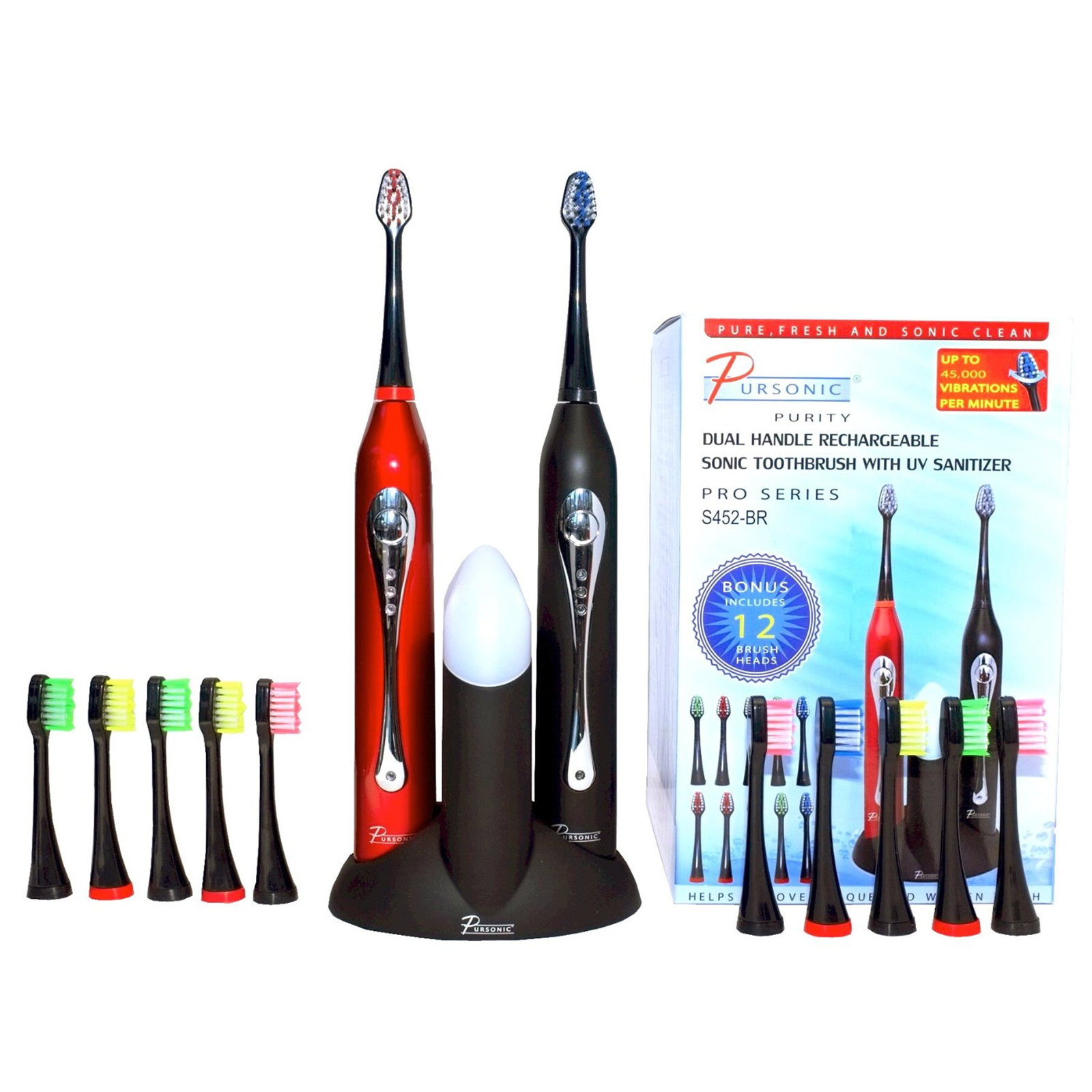 Pursonic Dual Handle Rechargeable Sonic Toothbrush With UV Sanitazer with Bpnus 12 Brush heads