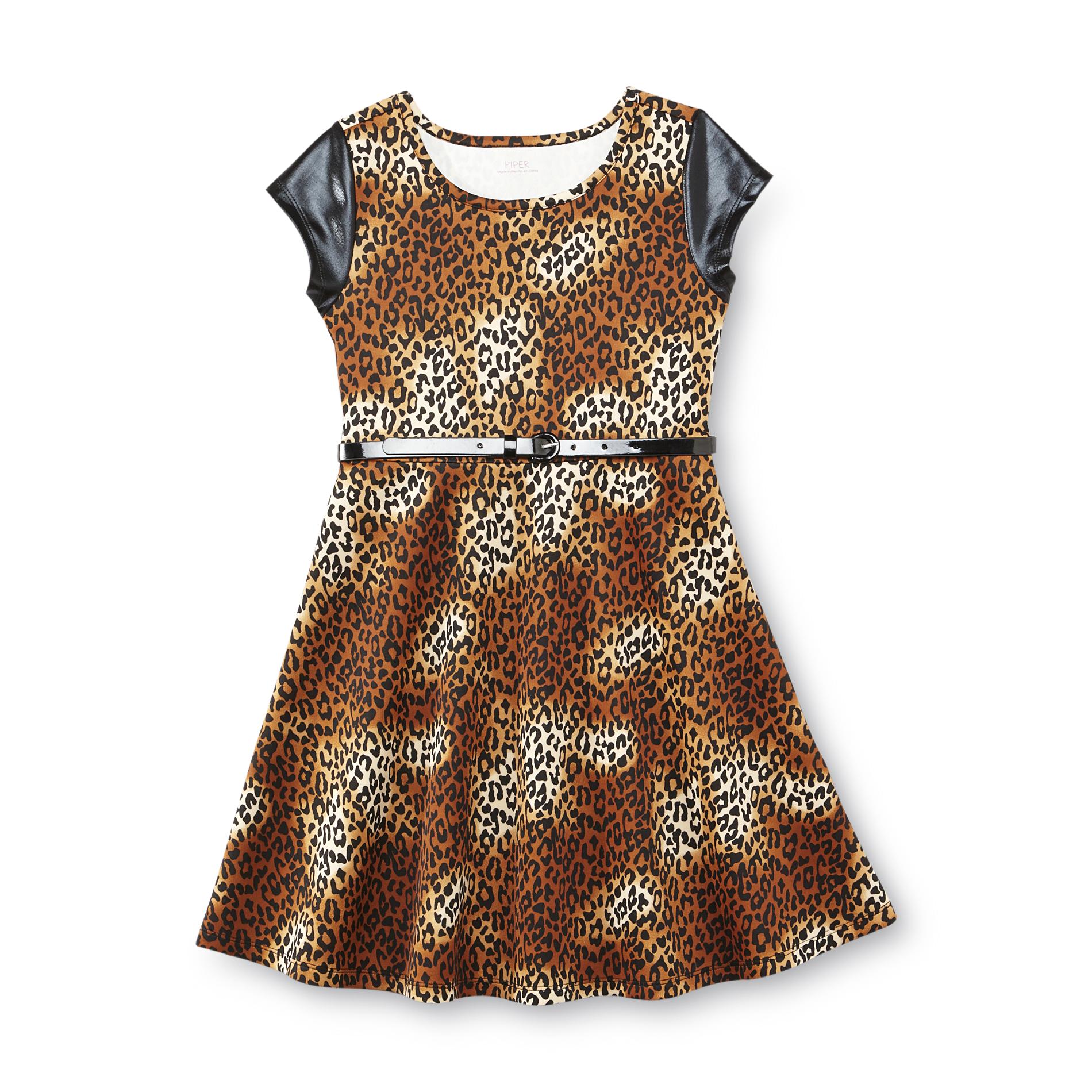 Piper Girl's Belted Skated Dress - Leopard