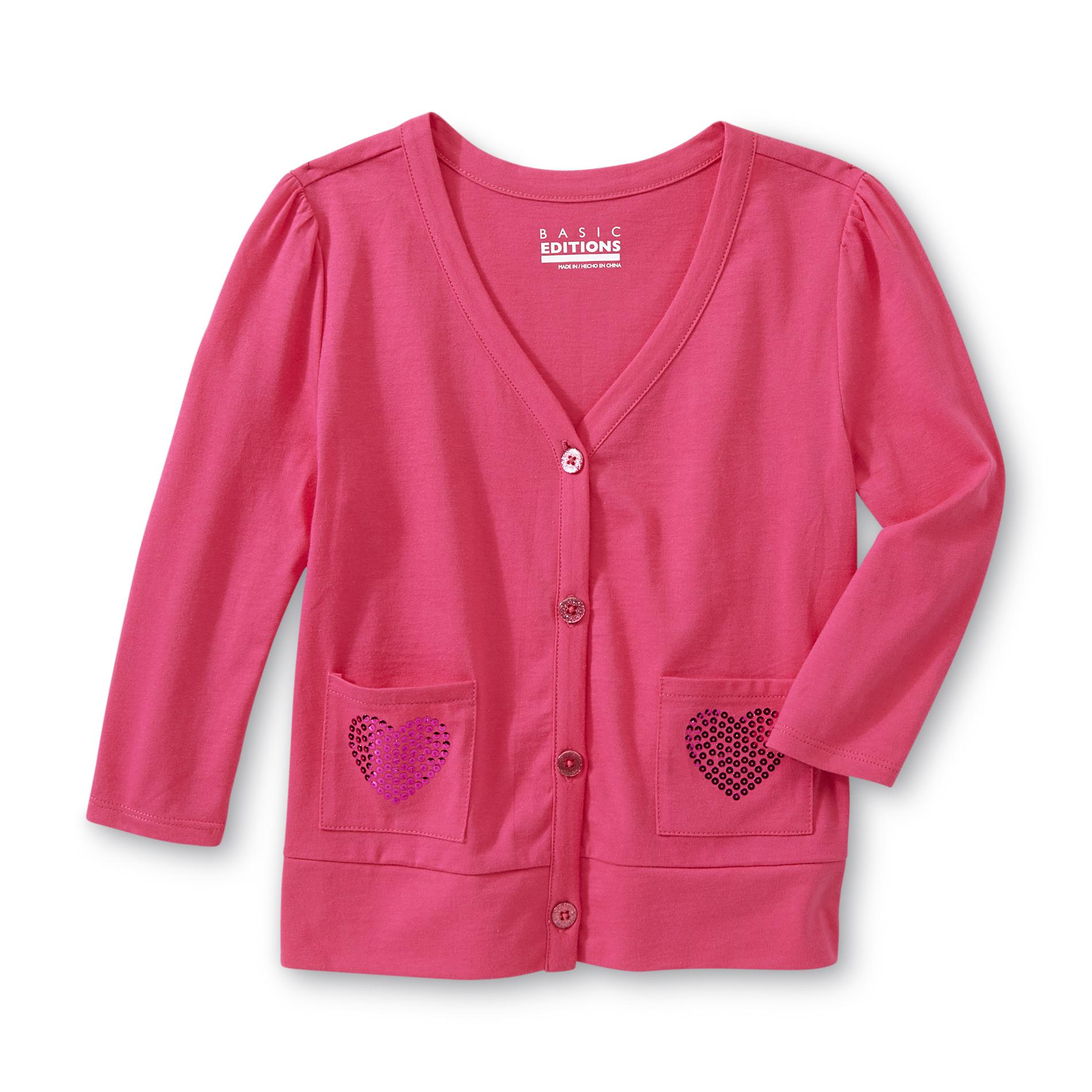 Basic Editions Girl's Sequin Pocket Cardigan - Hearts