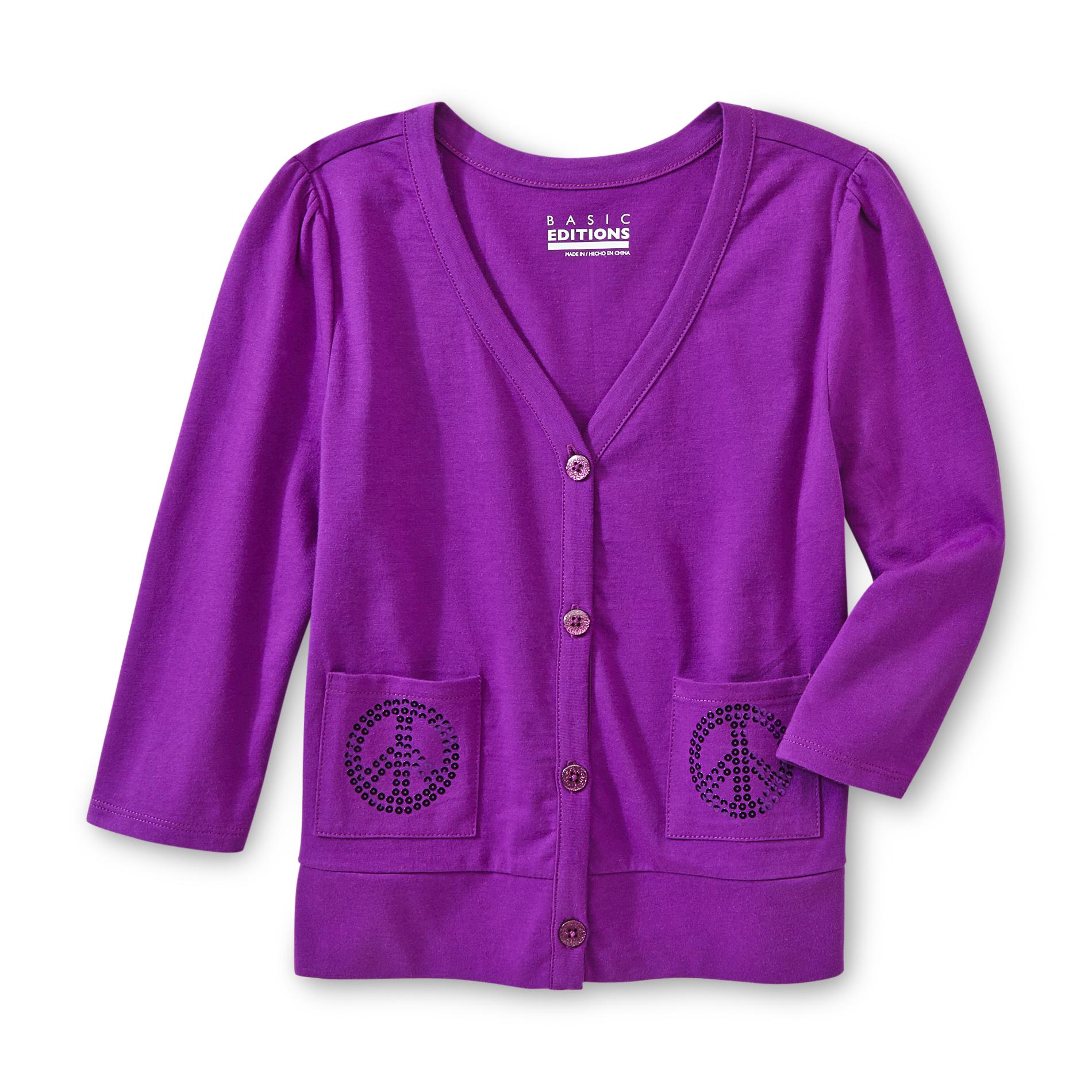 Basic Editions Girl's Sequin Pocket Cardigan - Peace