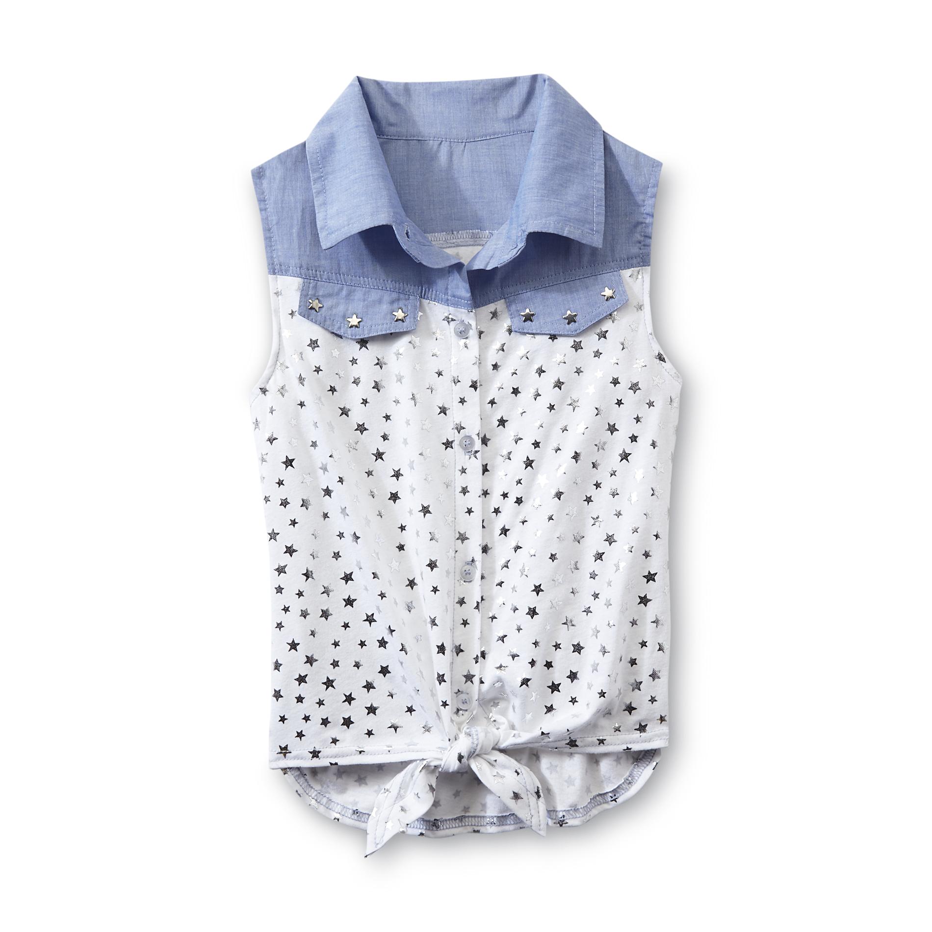 Piper Girl's Sleeveless Tie-Front Top - Stars & Faux Denim