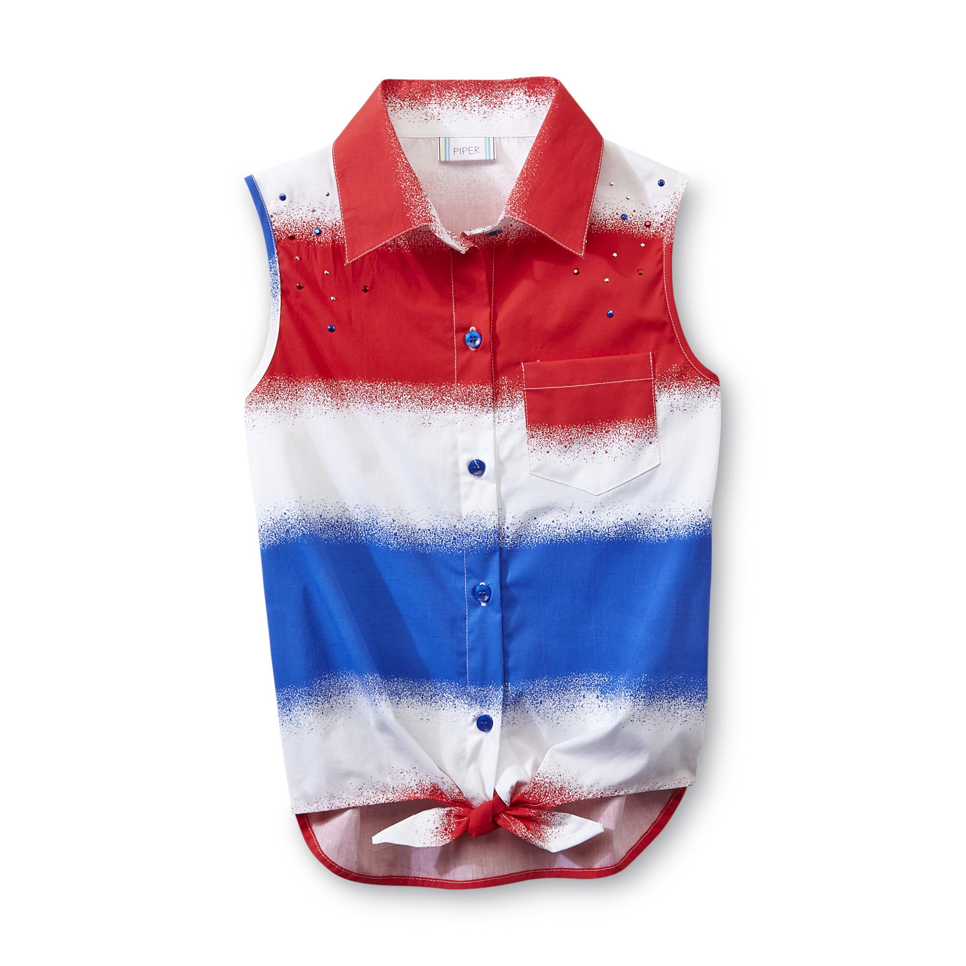 Piper Girl's Sleeveless Tie-Front Top - Red  White & Blue