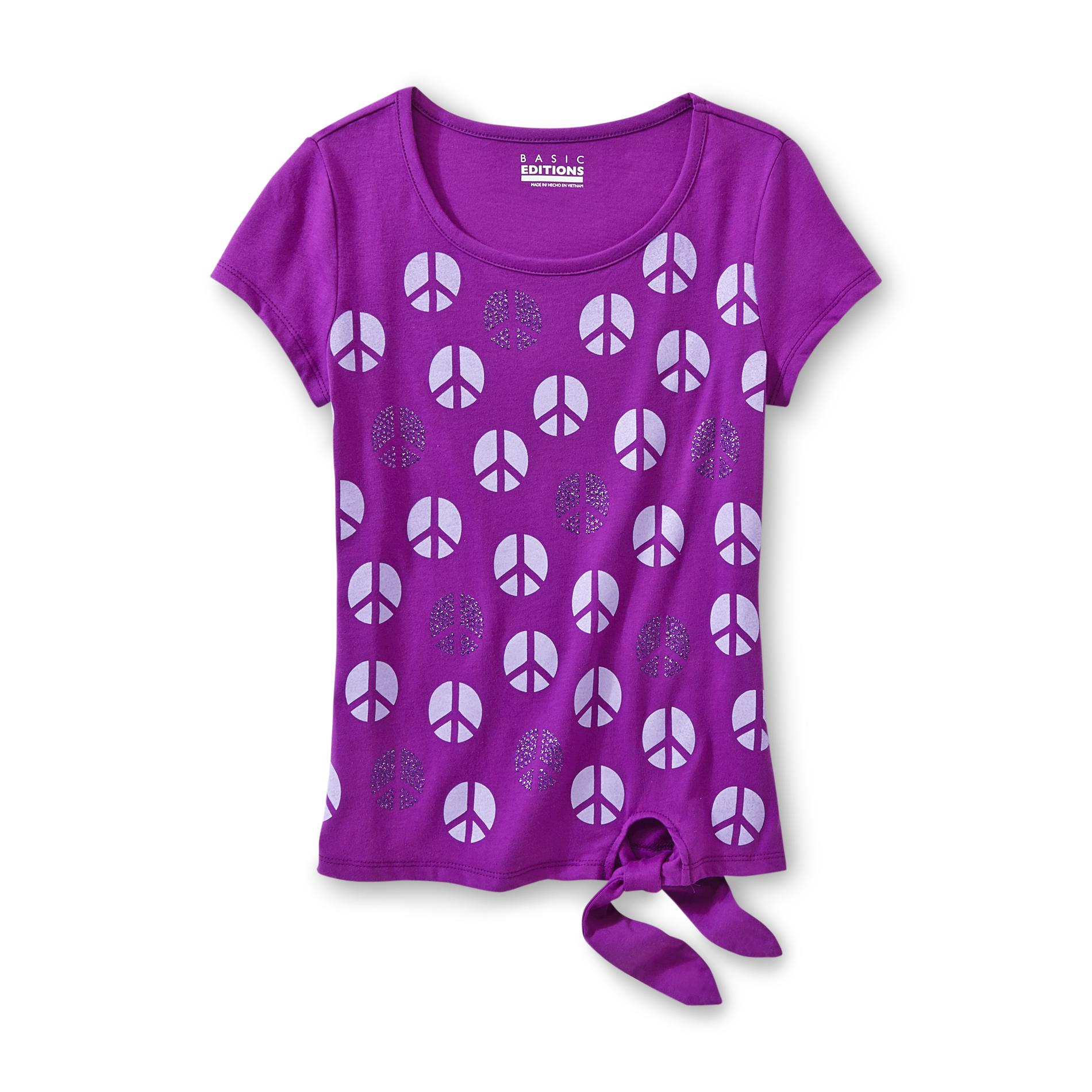 Basic Editions Girl's Spangled Tie-Front T-Shirt - Peace Symbol