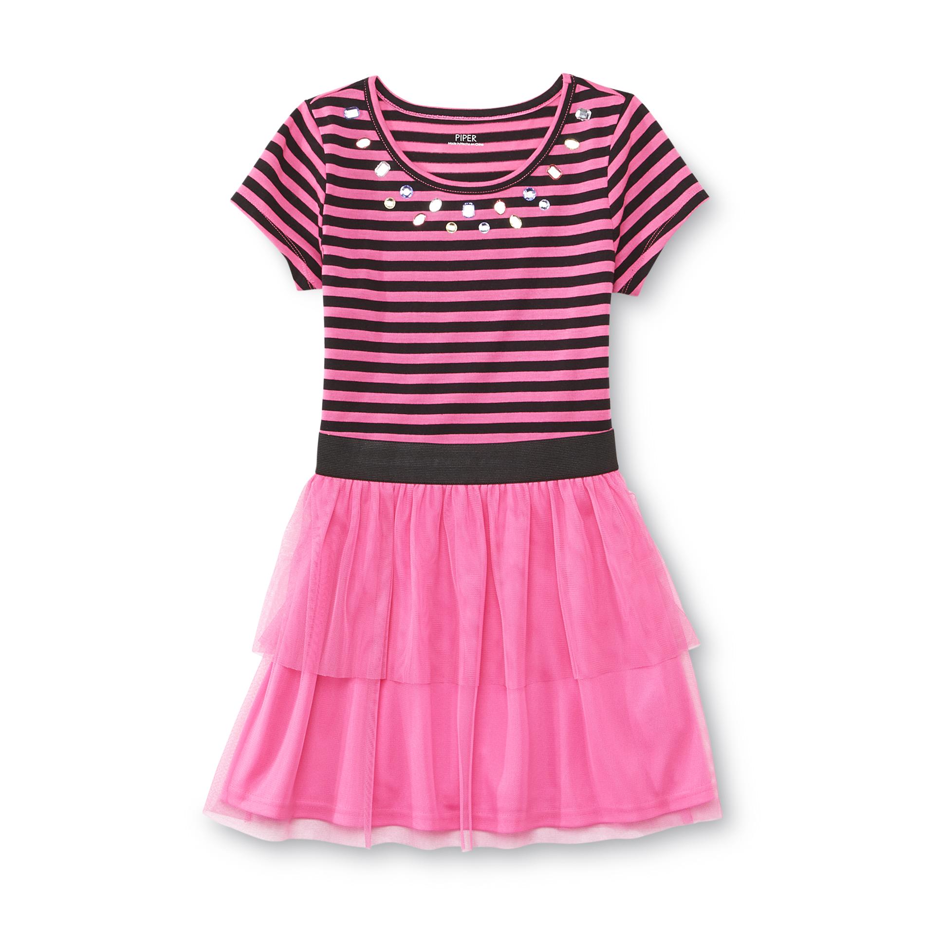 Piper Girl's Tiered Dress - Bejeweled Neckline