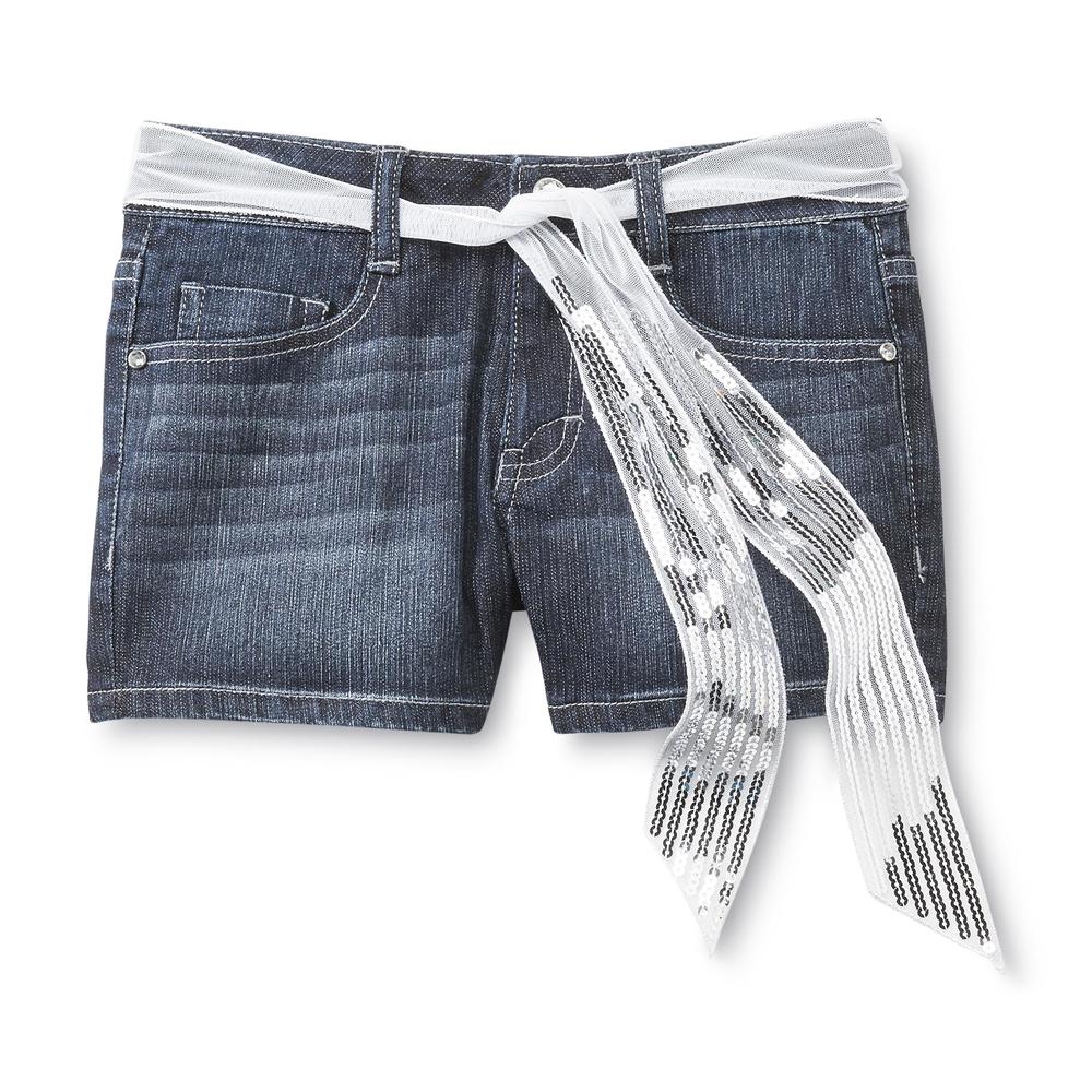 Piper Girl's Belted Denim Shorts - Sequin Pockets