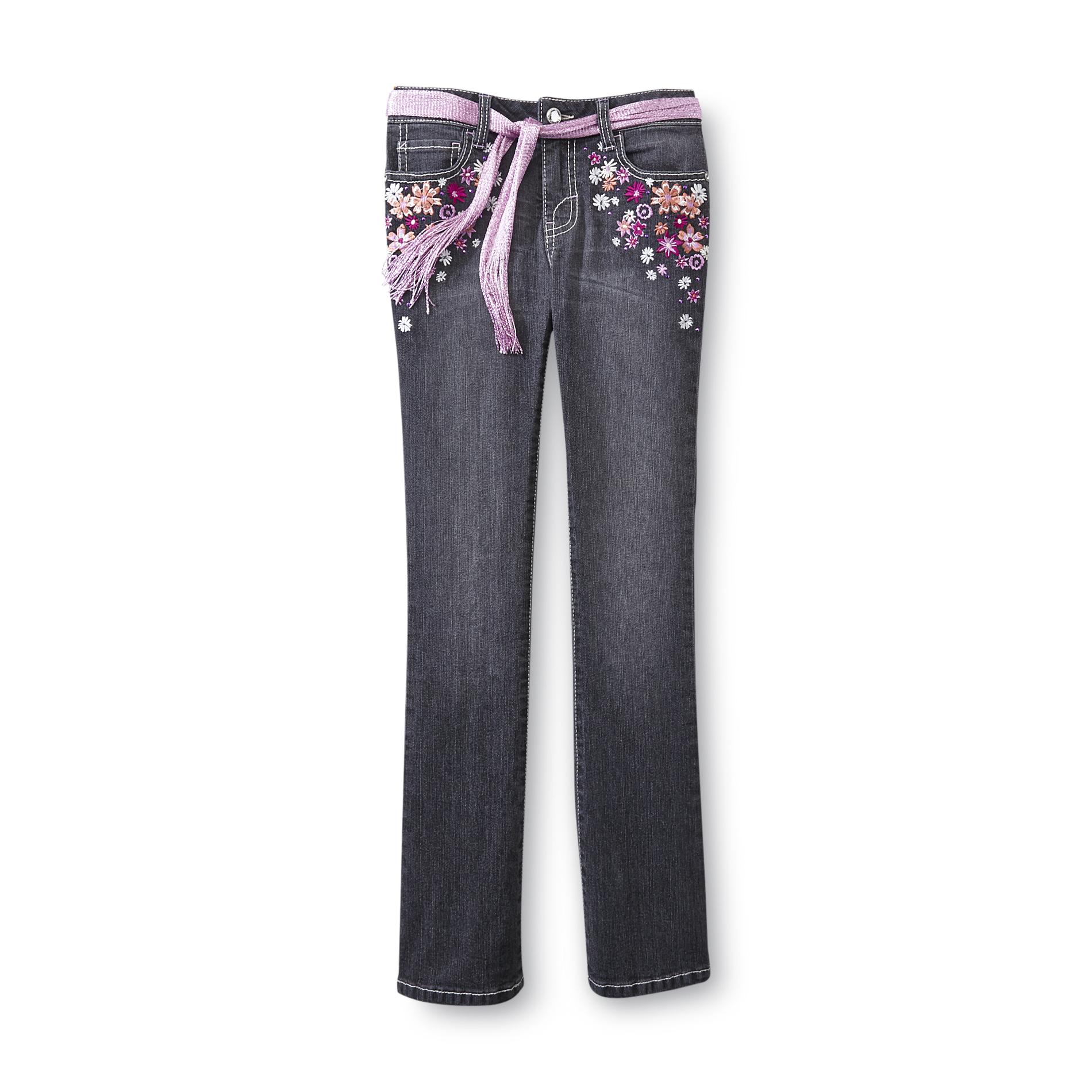 Route 66 Girl's Bootcut Skinny Jeans & Belt - Embroidered