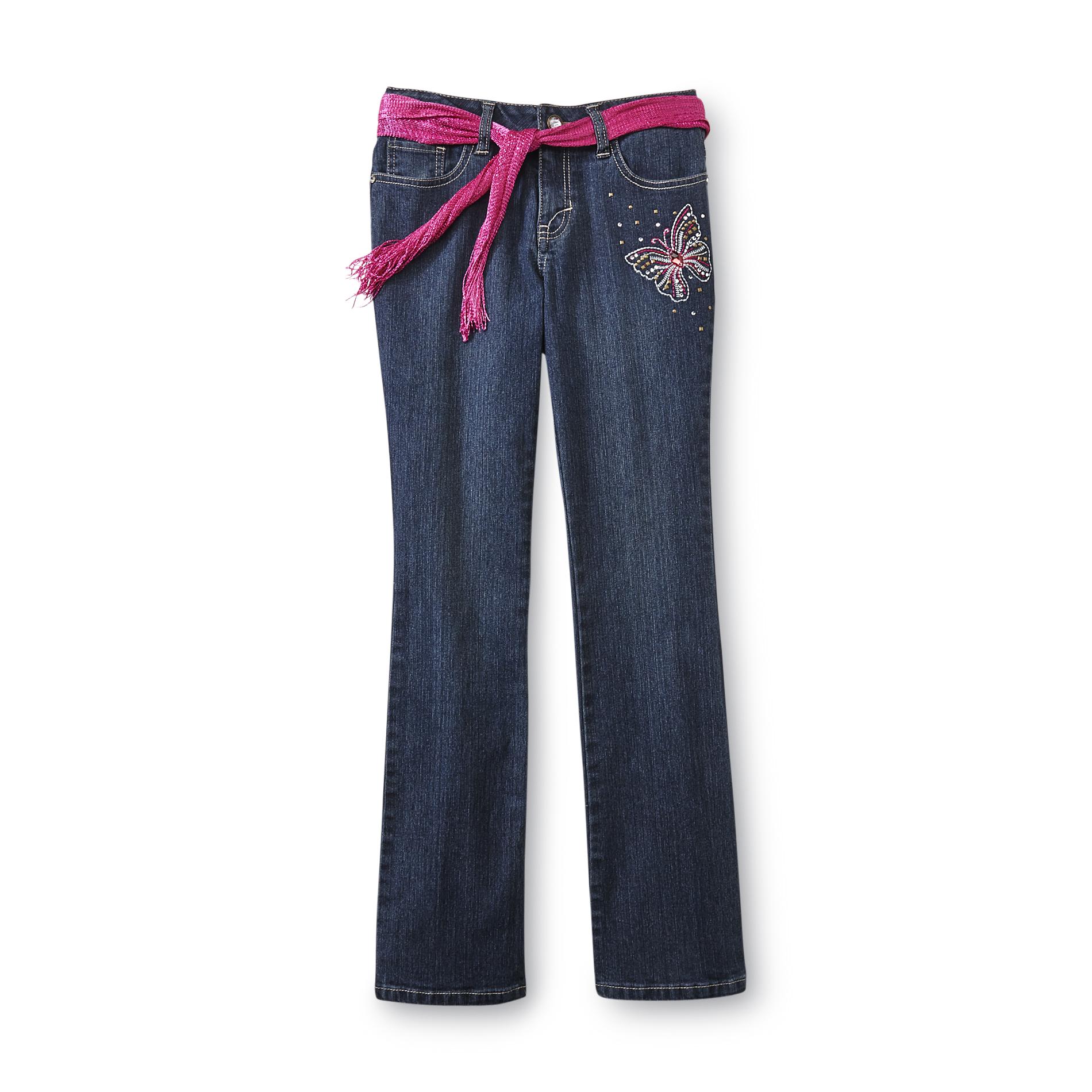 Route 66 Girl's Bootcut Skinny Jeans & Belt - Embroidered