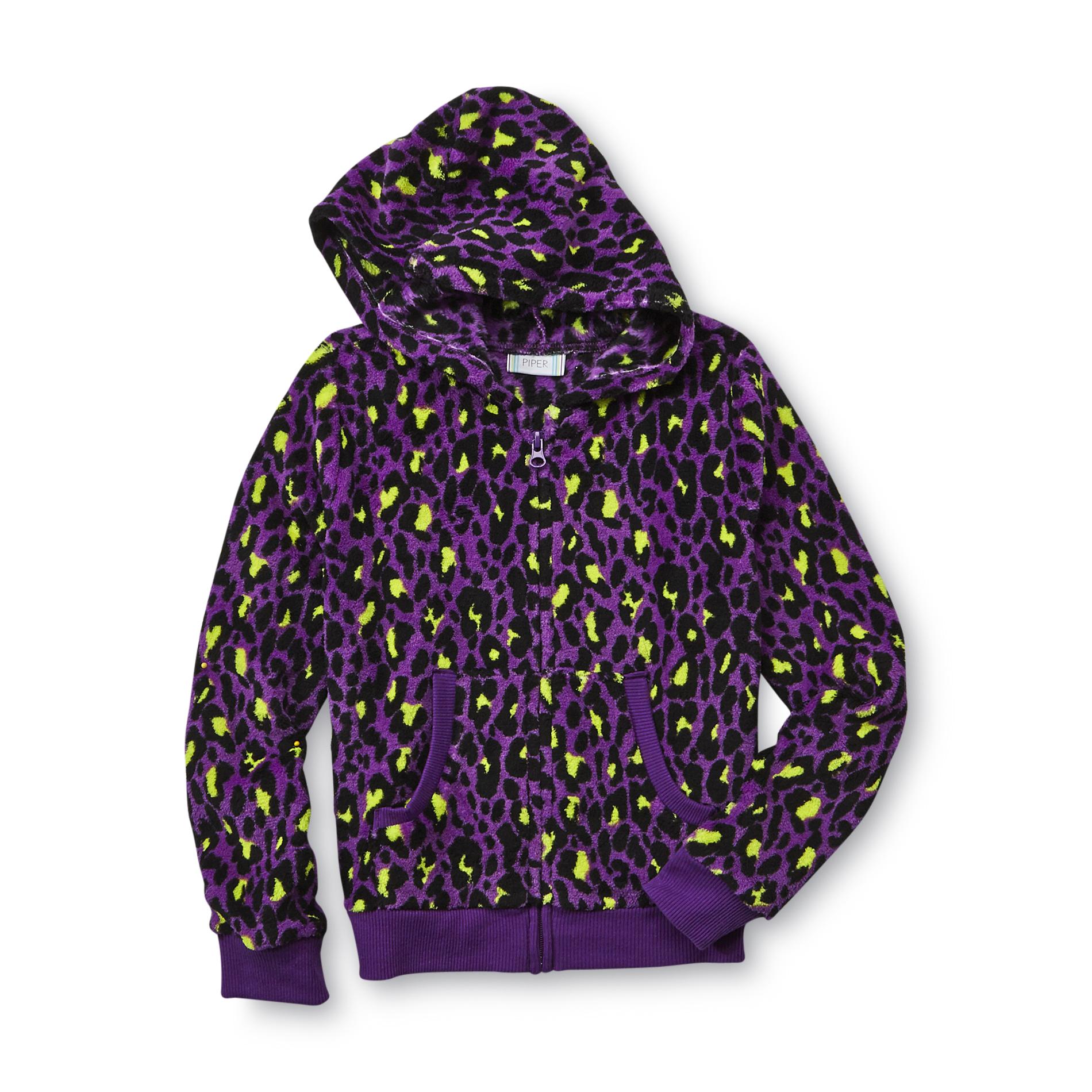 Piper Girl's Plush Fleece Hoodie Jacket - Neon Cheetah