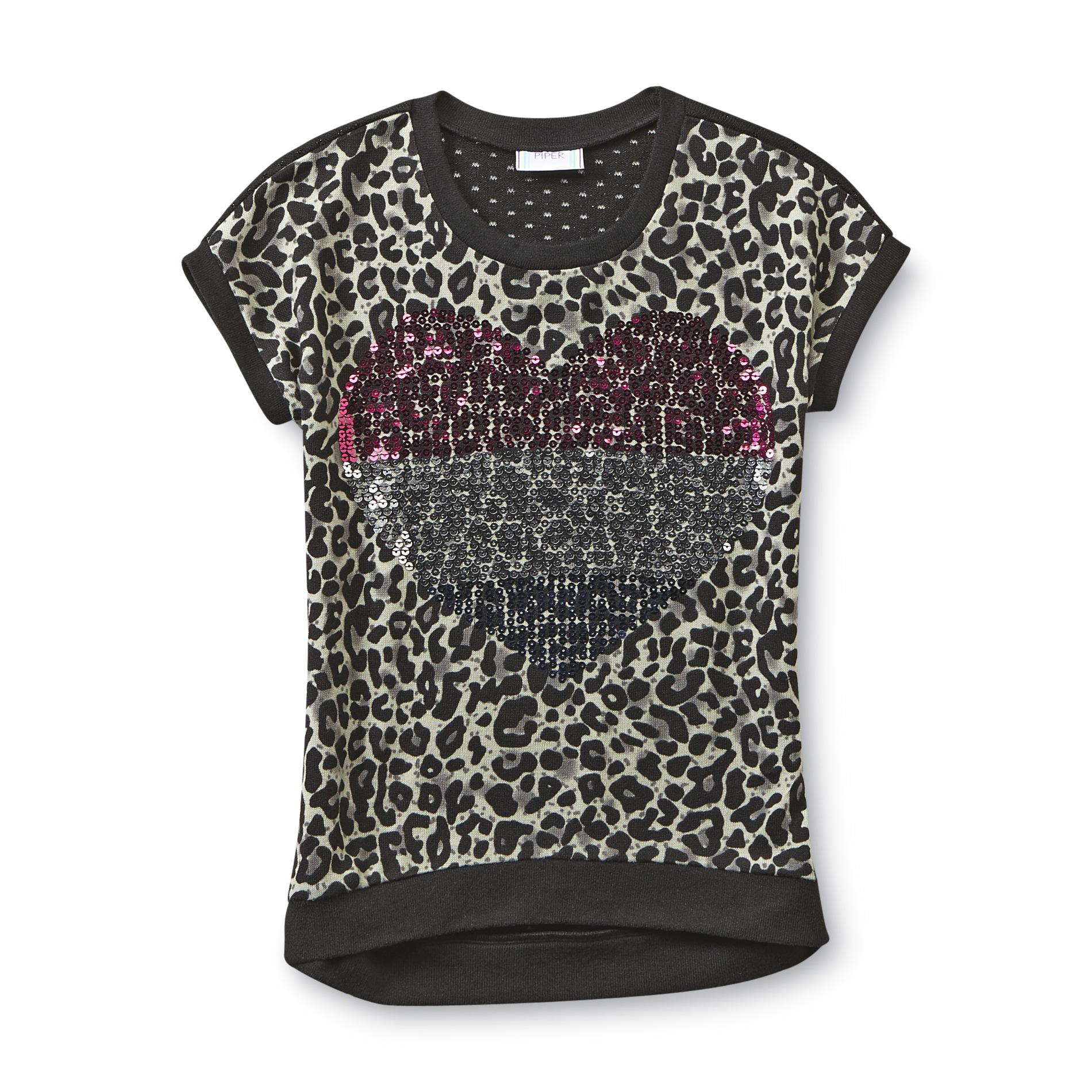 Piper Girl's Pointelle-Back Sweater Top - Leopard Print & Sequin Heart
