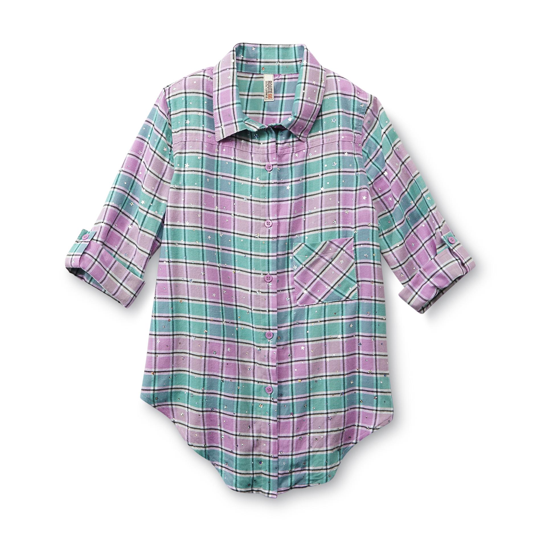 Route 66 Girl's High-Low Flannel Shirt - Plaid & Sparkle Stars