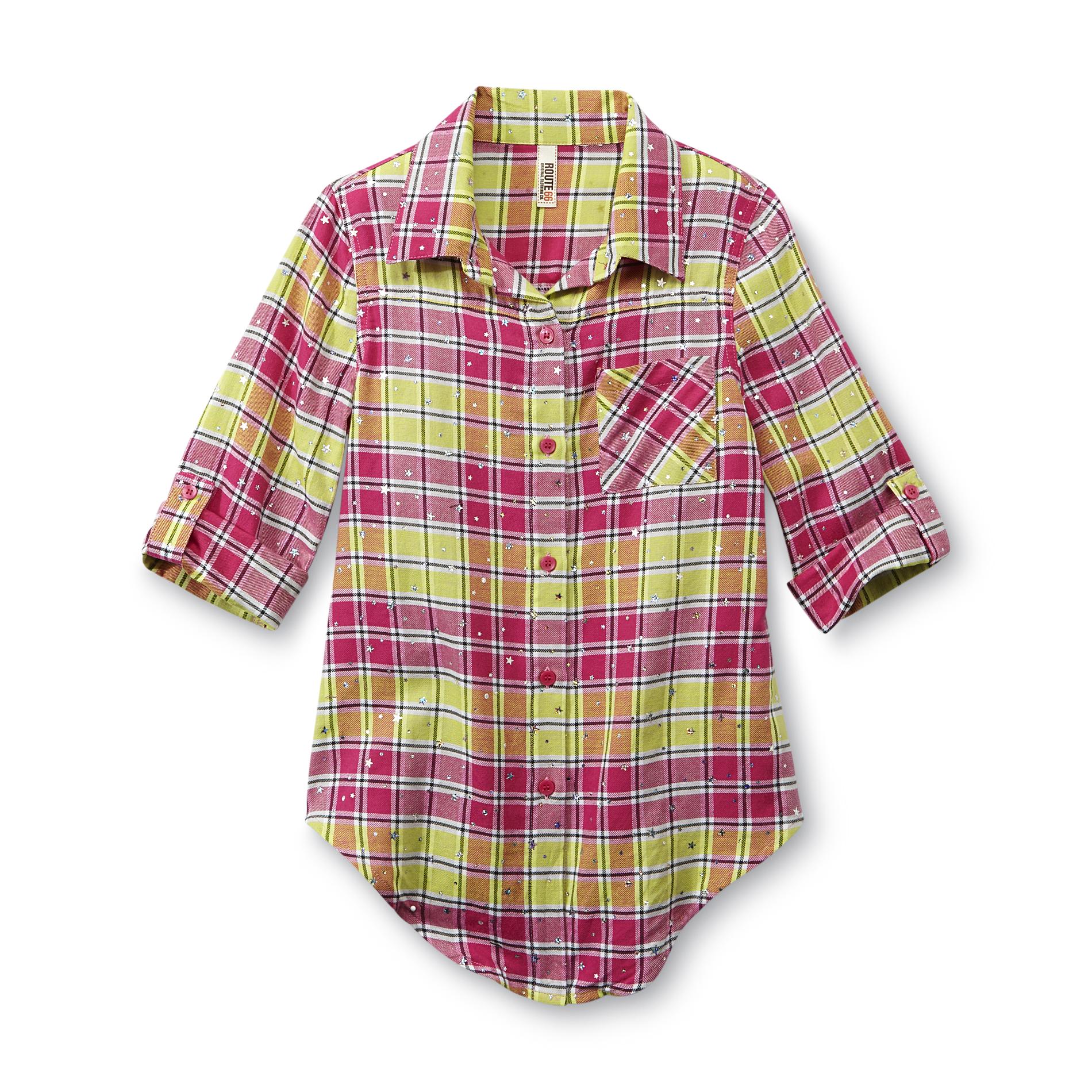 Route 66 Girl's High-Low Flannel Shirt - Plaid & Sparkle Stars